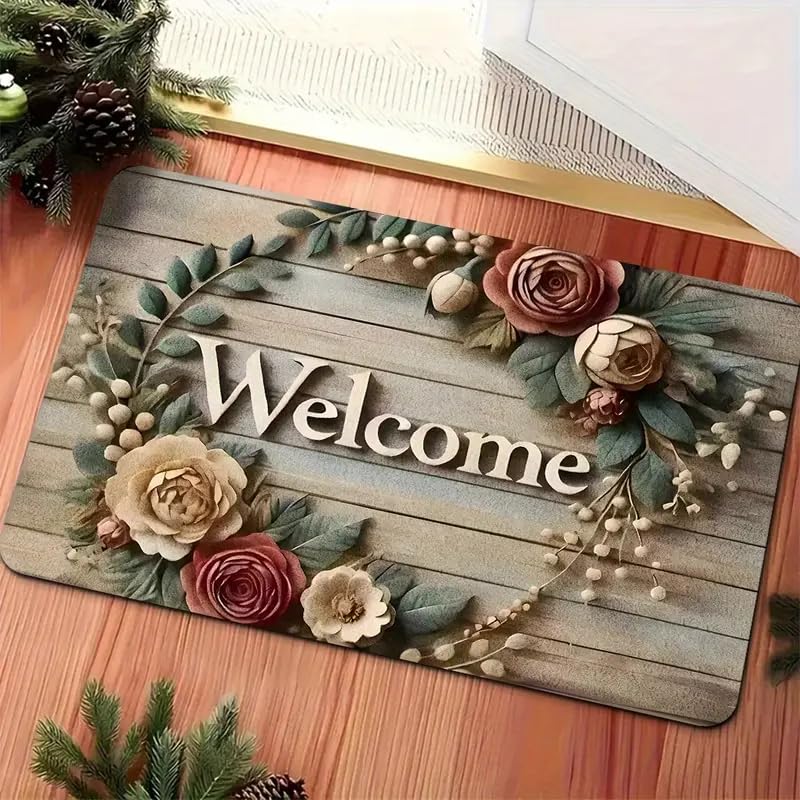 Image of Floral Welcome Doormat for Home Entrance - Non-Slip, Waterproof, and Easy-Clean Floor Mat - Indoor Outdoor Decorative Rug for Front Door, Porch, Patio, Kitchen & Living Room