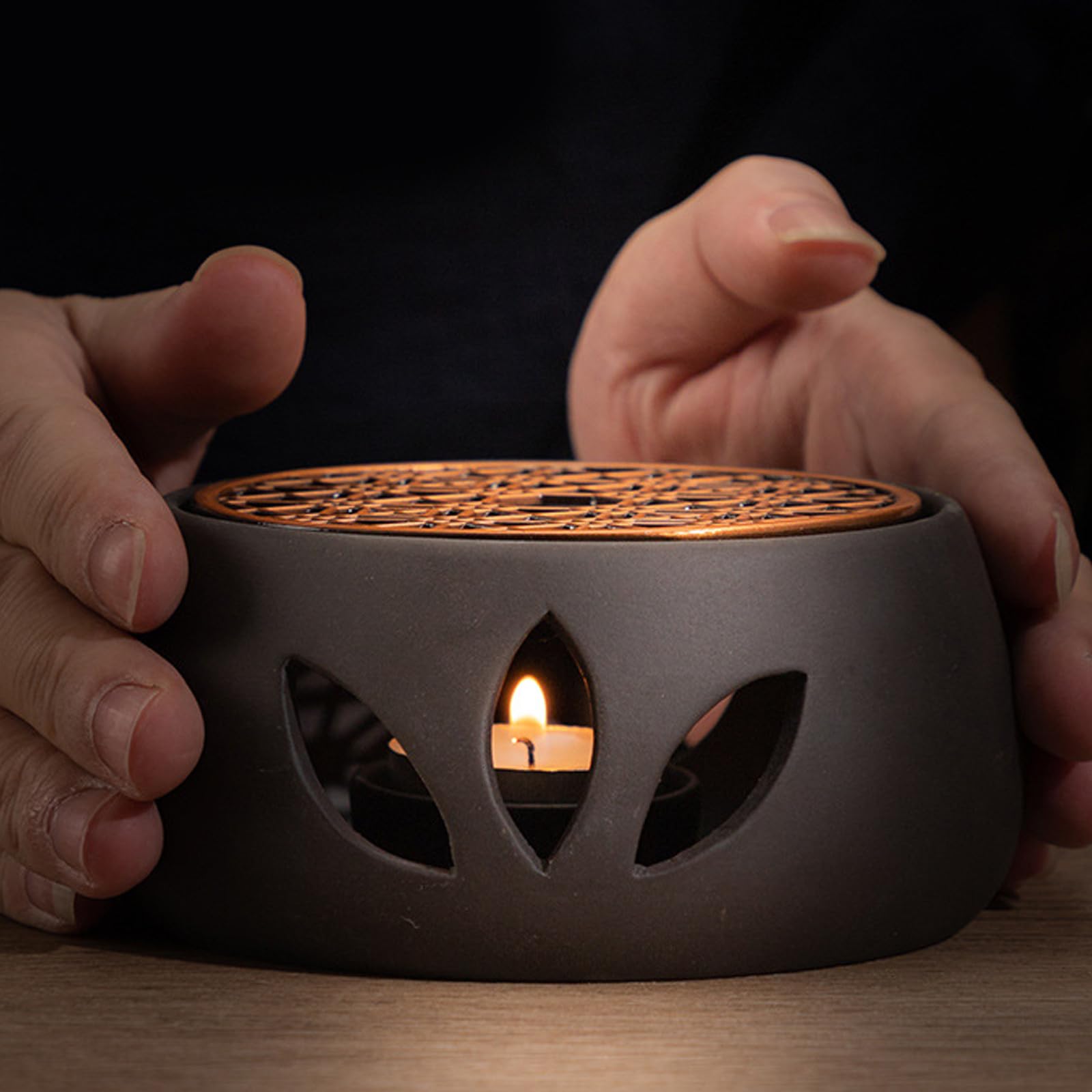 iplusmile Calentador de Tetera Japonés Compacto Base Cerámica Resistente para Calentar Té Hogar Herramienta Funcional para Uso Diario sin Vela Conjunto Negro y Almohadilla Púrpura