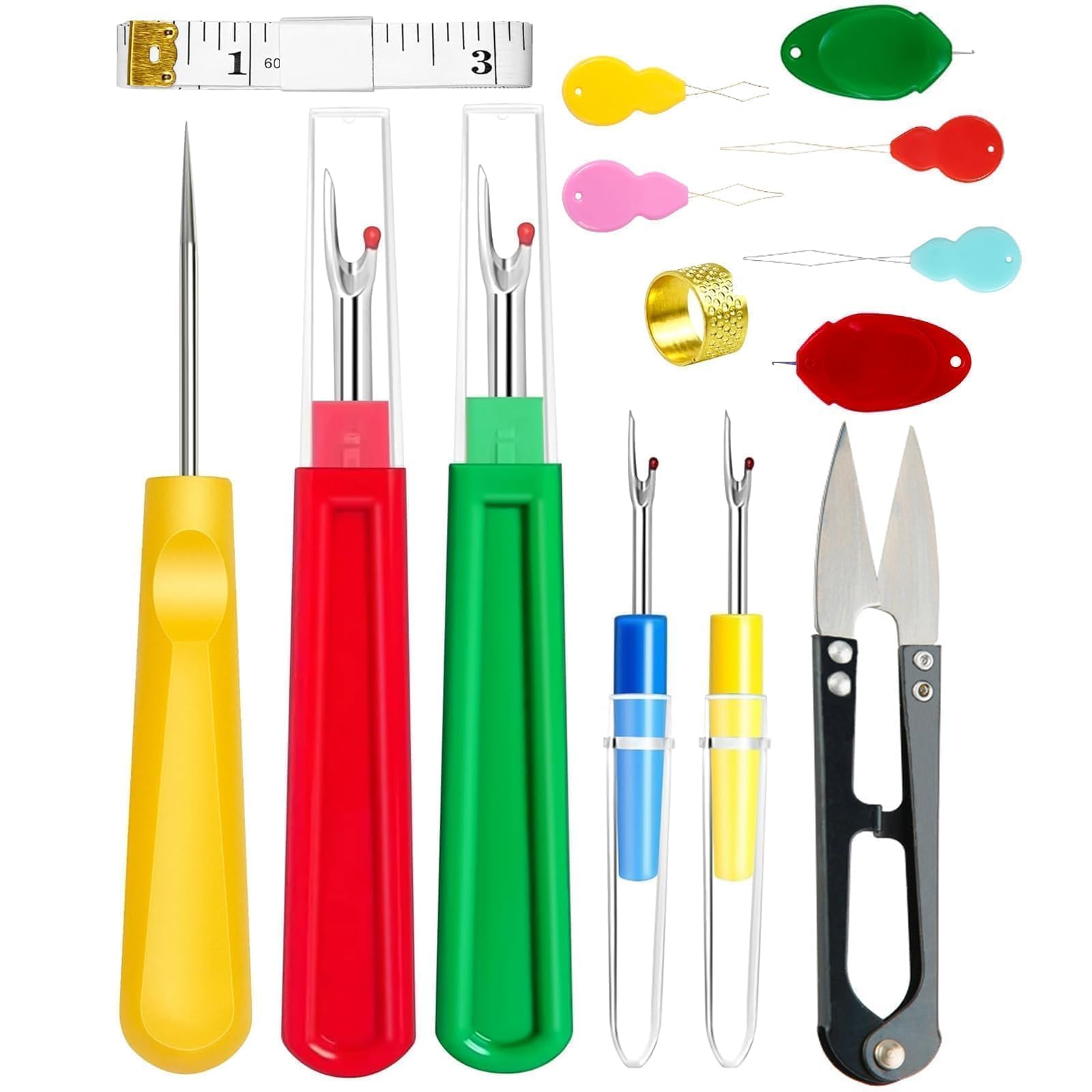 4 Pcs Seam Ripper Set, Stitch Unpicker Tool with Stitch Remover, Needle Threaders, Thimbles, Tape Measure, Awl and Thread Snips for Sewing Needlework and DIY Craft