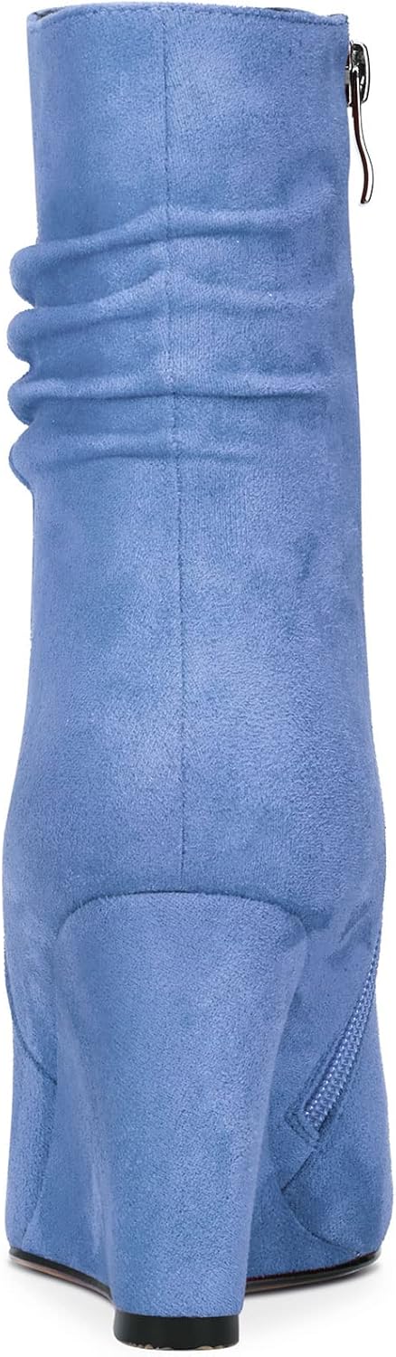 DearOnly Womens Mid Calf Short Bootie Ankle Boots Closed Round Toe Wedge High Heel Suede Dress Shoes Vintage Classic Zipper 4 Inch