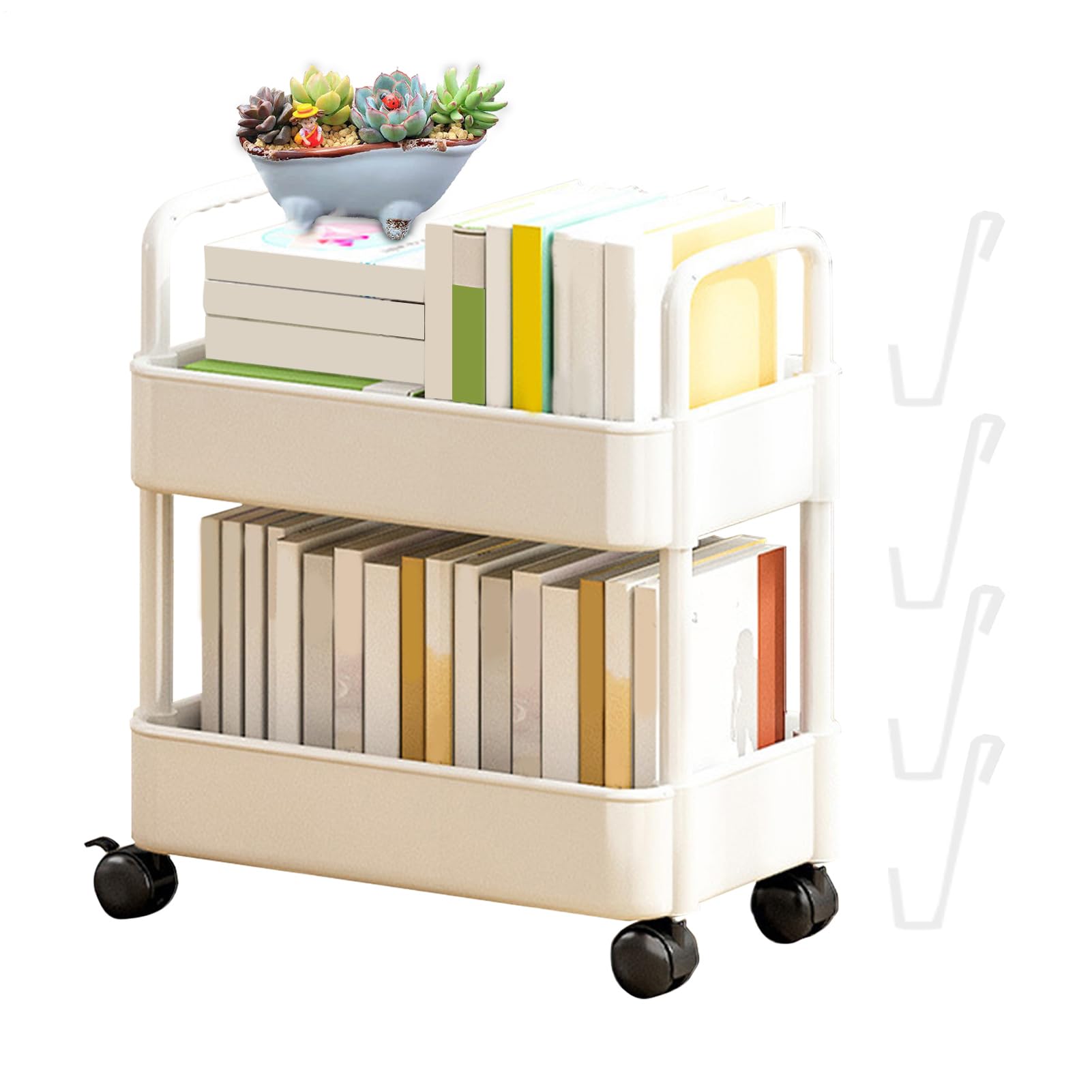 Kaxenig Chariot Utilitaire Roulant à 2 Niveaux - Étagères à Livres de Rangement Mobiles avec roulettes - Étagères d'organisateur de Chariot de Livre Mobile Multifonctionnel, étagères de Livre de