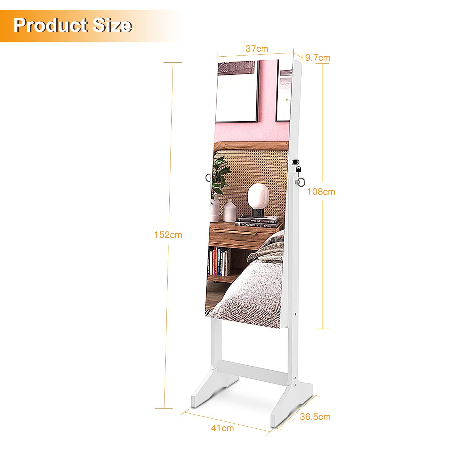 Dripex Schmuckschrank mit Spiegel stehend, Schmuck Spiegelschrank abschließbar, 2 in 1 Make-Up und Schmuck Aufbewahrung, Schmuck Organizer mit Standspiegel für Ketten, Ohrringe, Schminke, weiß