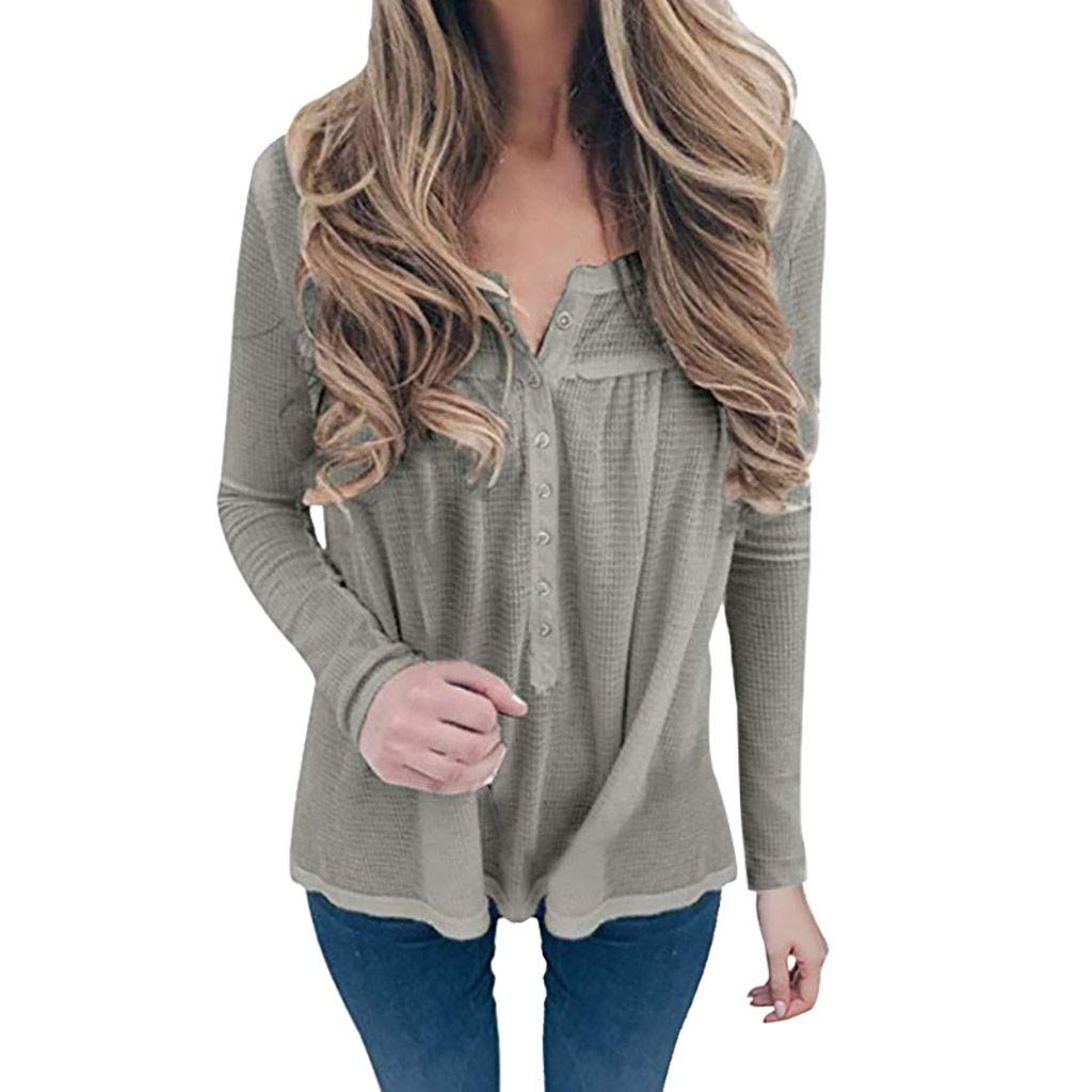 Women Fashion V-Neck Solid Color Button Long Sleeve Top