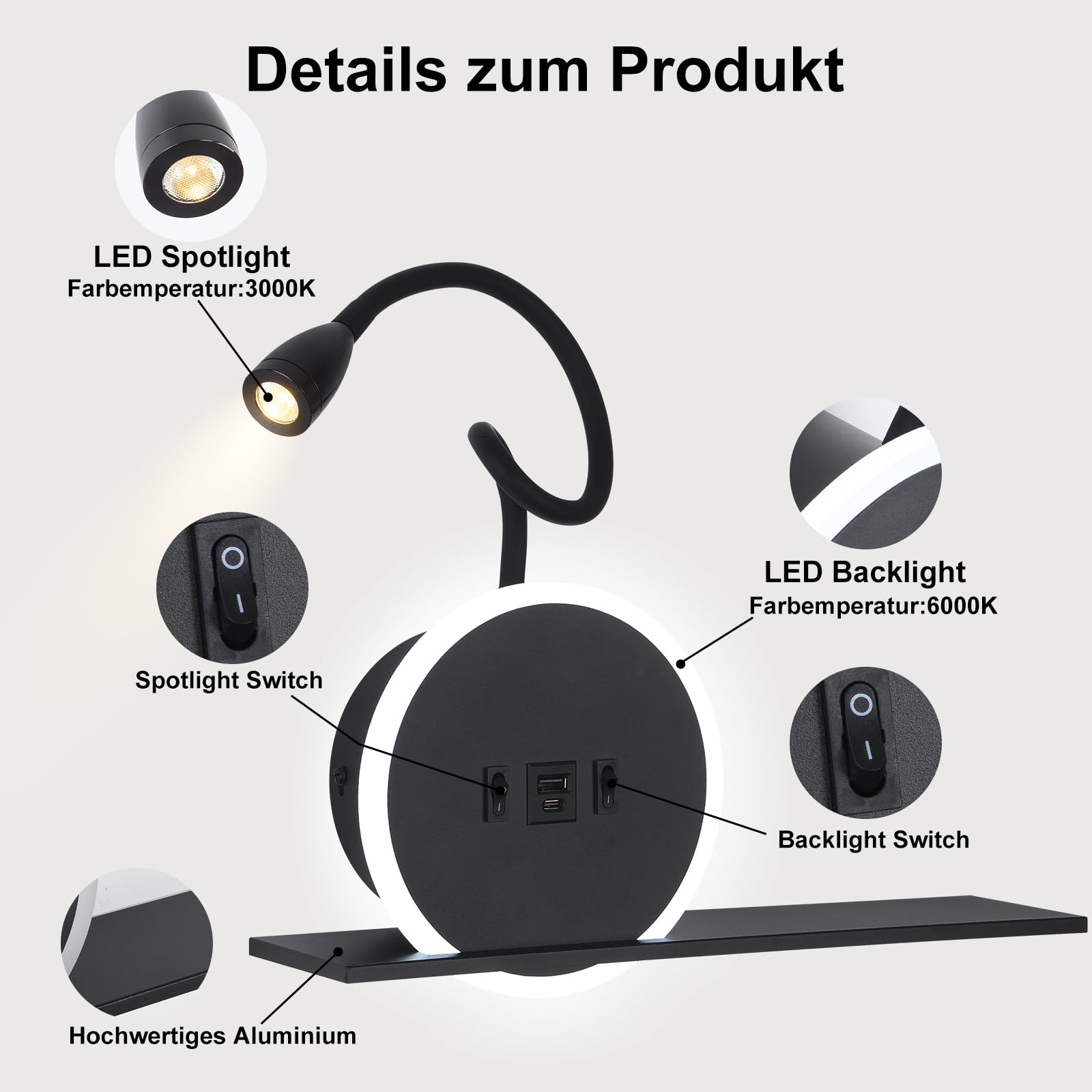 SANSHI Leselampe 2 Stück,Schwenkbar Nachttischlampe mit Schalter,Schwarz | wand Leselicht,USB + TYPE C Ladeanschluss Wandleuchte,3W 3000K + 9W 6000K Beleuchtung,Schlafzimmer Hotels Bettlampe
