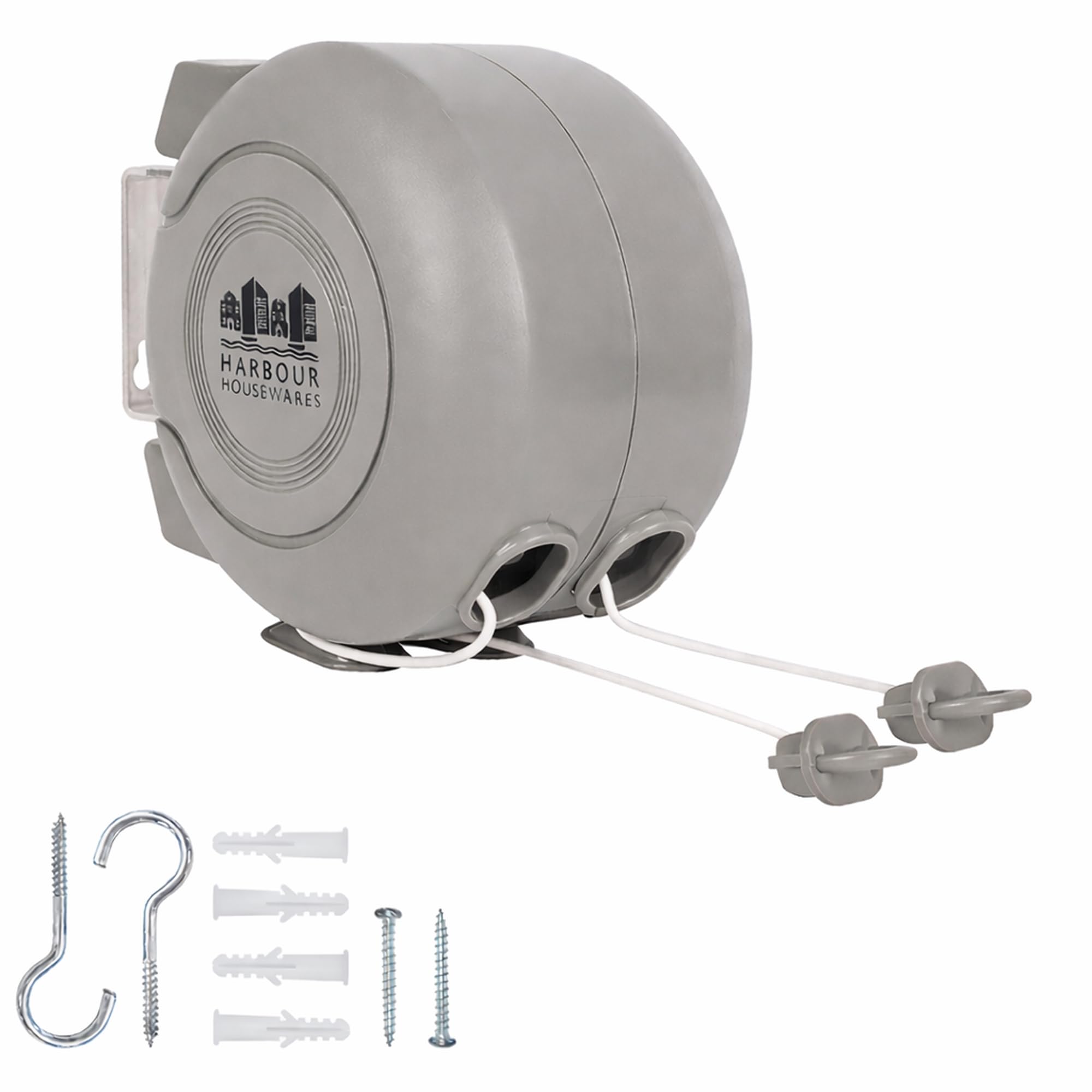 Harbour Housewares Grey 2 X 15M Retractable Dual Cord Washing Line - Heavy Duty Wall Mounted Extendable Clothesline Twin Clothes Airer - Indoor Outdoor Laundry Drying Reel With Strong Pvc Cords