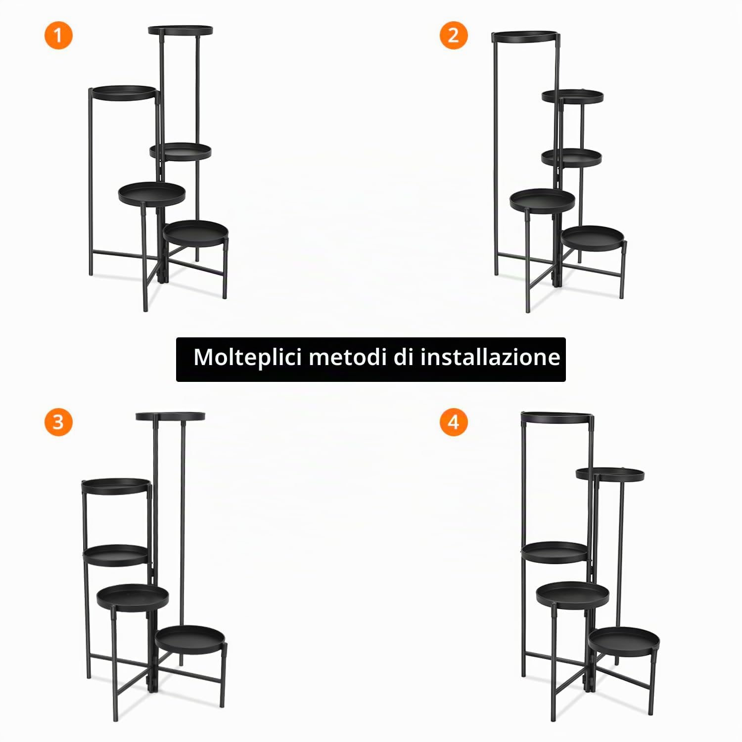 QWORK® Supporto per piante in metallo a 5 livelli, ripiano per piante da interno ed esterno, supporto per fiori a più livelli, nero