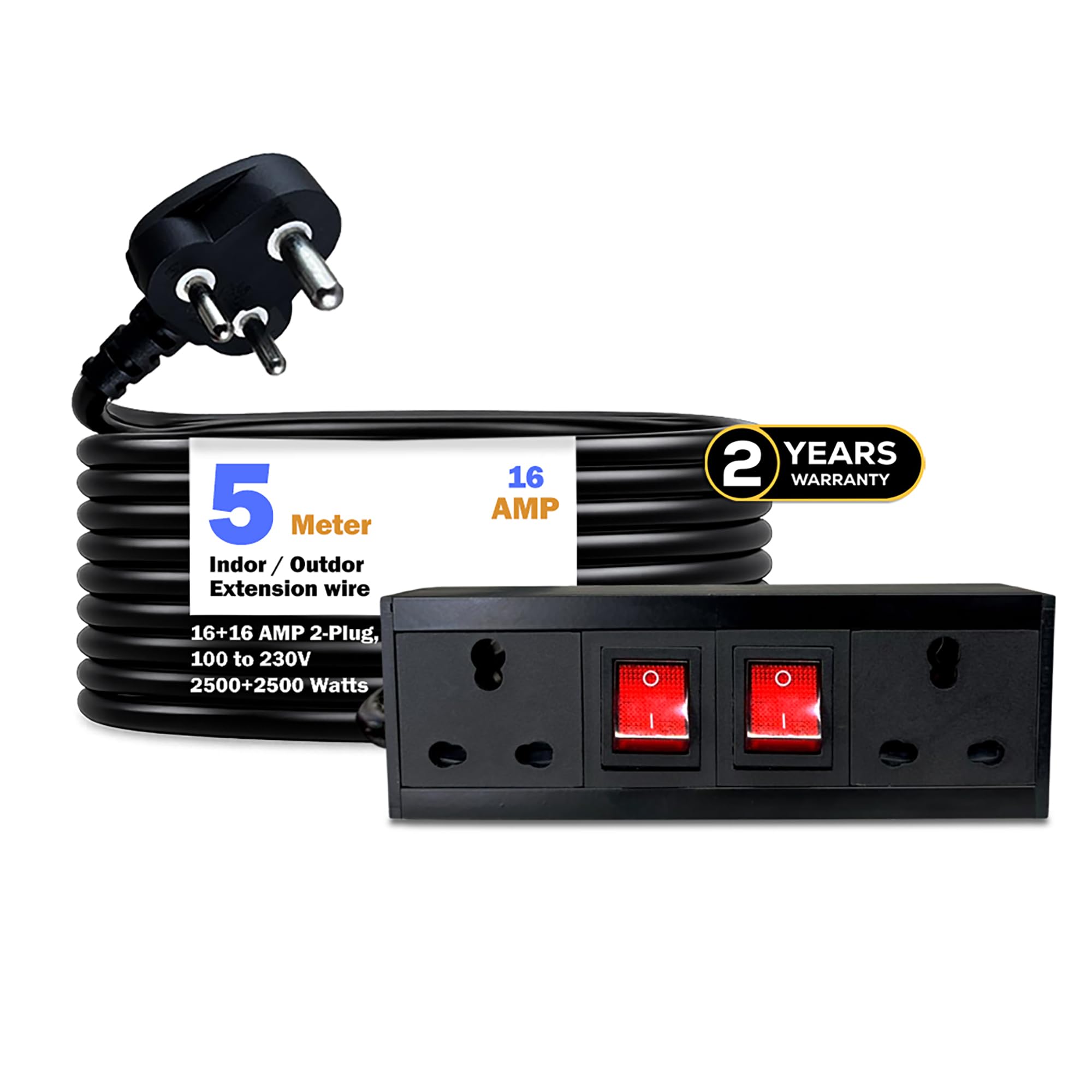 MX 16 Amp Extension Cord Electric Board with 5m Heavy Duty Wire | 250V Power Extension Board | 16A/20A Socket with Dual Switch for Home & Office Appliances-image-17