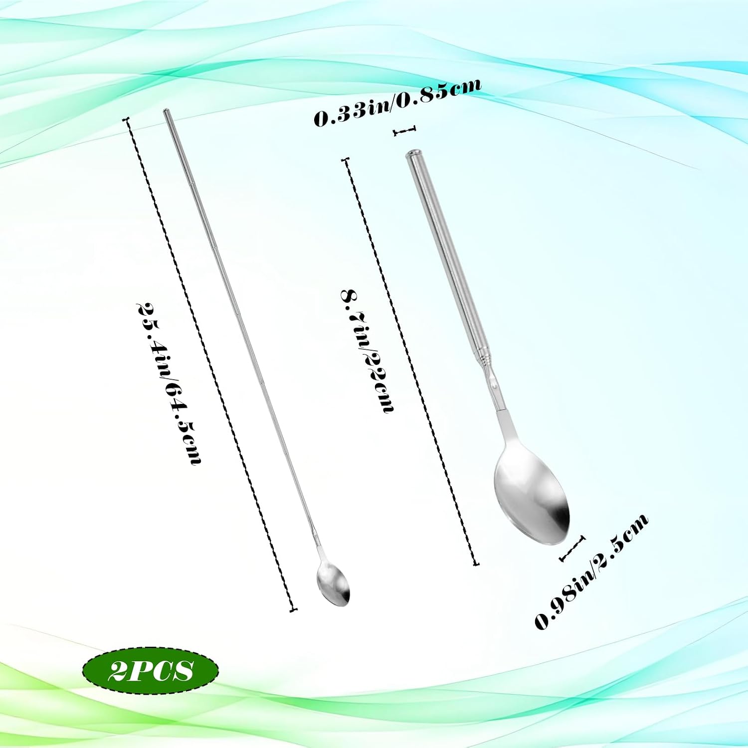 Telescopic Long Handled Spoons, 2 Adjustable from 8.7 Inches to 25.5 Inches, Used for Grilling, Camping, Iced Tea, Silver