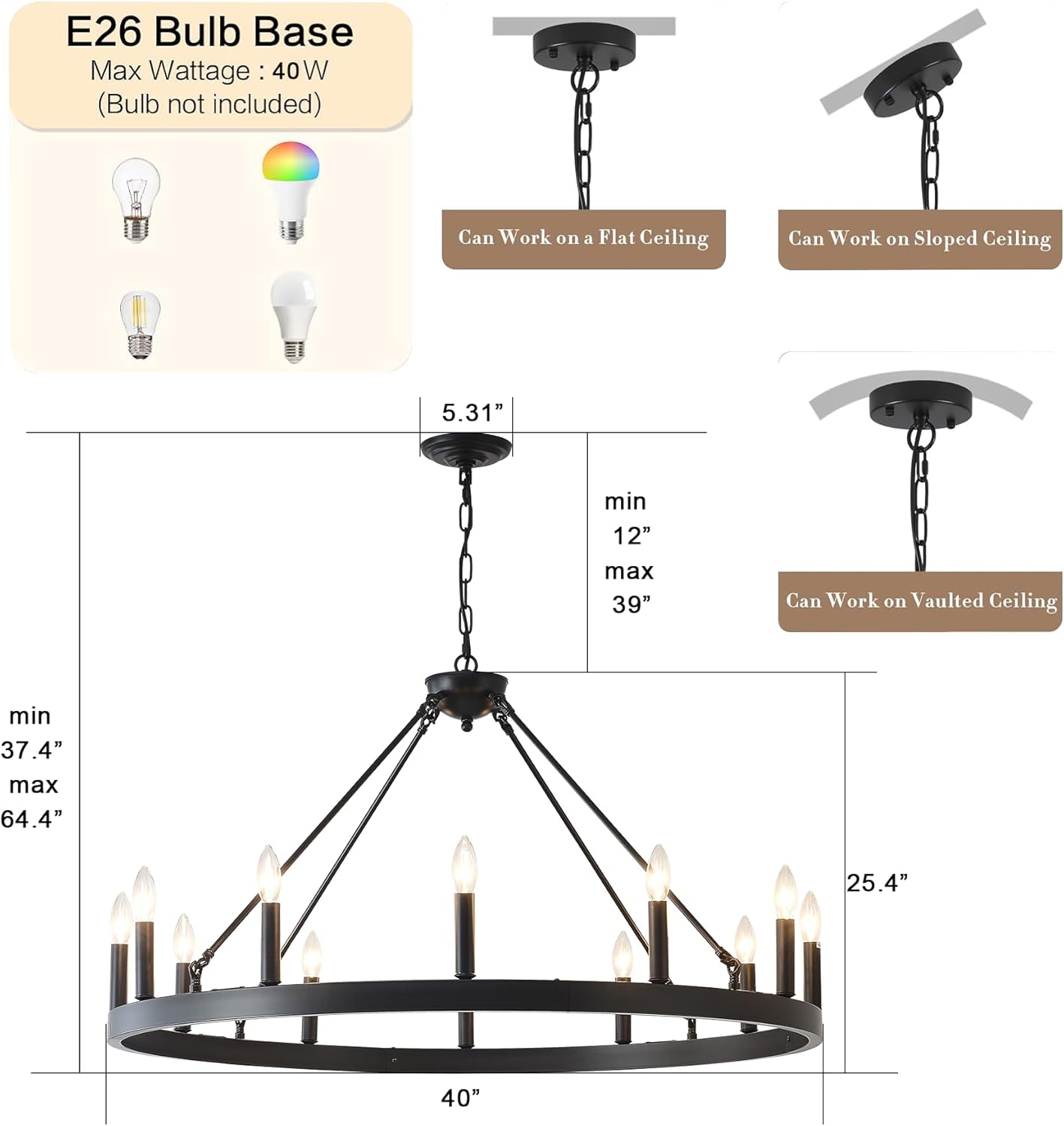 40 Inch Black Farmhouse Wagon Wheel Chandelier,12-Light Round Industrial Pendant Light fixtures for Outdoor Porch high Ceilings Living Dining Room Foyer Entryway