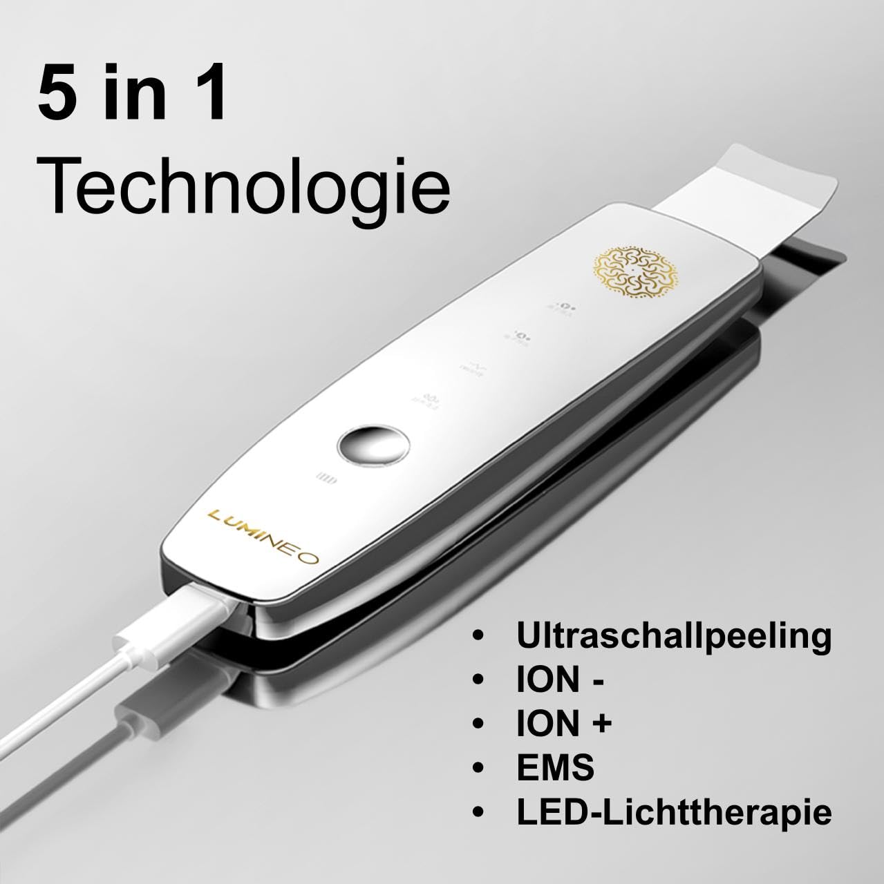 LUMINEO Lifting Ultraschallpeelinggerät 5 in 1, (ION- ION+), EMS, LED-Lichttherapie, Set mit professioneller Lifting-Kosmetik, Tiefenreinigung, Mitesser-Entfernung.