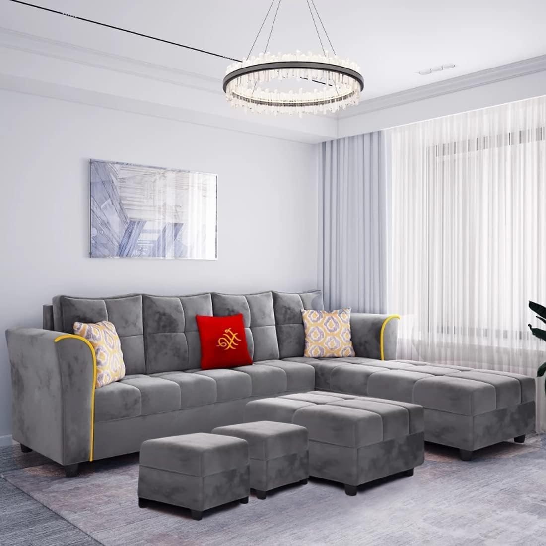 Sunuzu Melrona 8 Seater Fabric RHS Sectional L Shape Sofa Set with 1 Centre Table & 2 Puffy - Grey