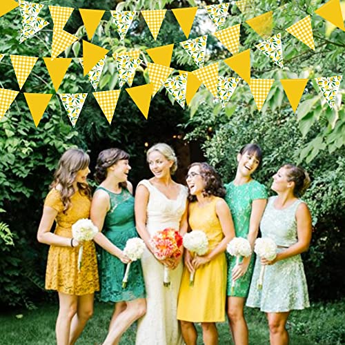 Image of 44 Ft Lemon Party Decorations Yellow Plaid Floral Lemon Banner Bunting Hanging Paper Triangle Garland Streamer for Wedding Bridal Shower Engagement Bachelorette Baby Shower Birthday Party Supplies
