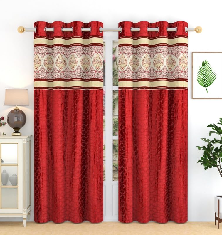 Image of Exporthub Set of 2 Pc Heavy Quality Premium Curtains Flowers Patch Design Maroon Color Long Door Curtains - Long Door - 9 feet (EHSPR960 94)