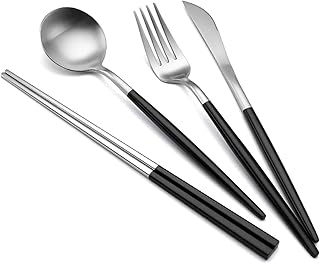Zestaw sztućców, 24-częściowy zestaw sztućców z polerowanej stali nierdzewnej, zestaw sztućców z łyżką nożem i widelcem, serwis dla 6 (czarny srebrny)