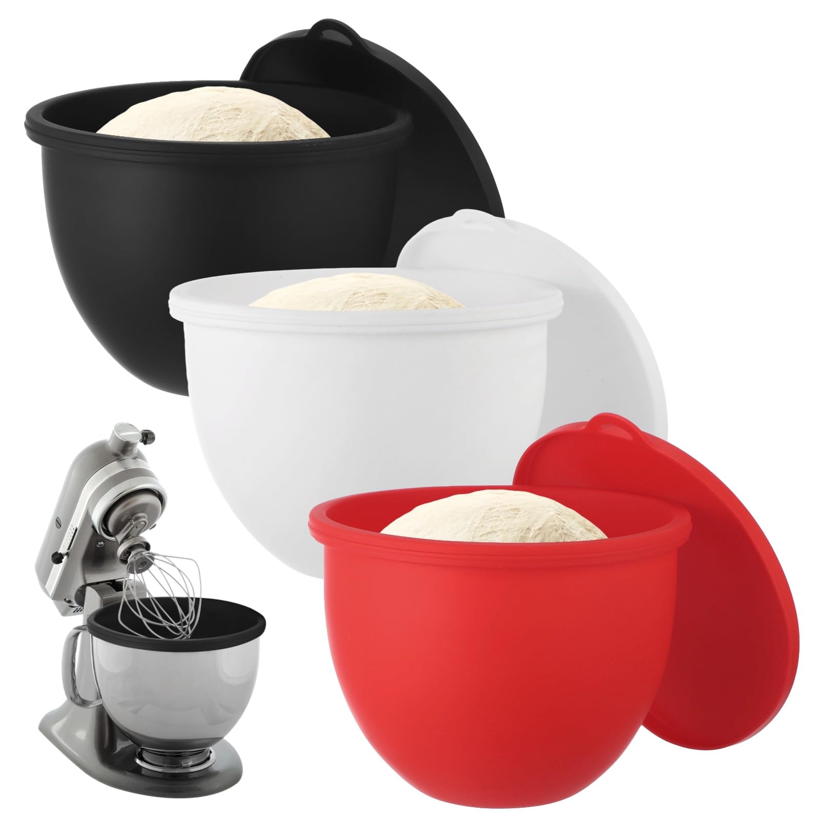 SWEWARM 3 Pcs Silicone Bowl Liners, Fits 5 QT Stand Mixer, Flexible Mixing Bowl Inserts with Lids, Easy to Clean, Ideal for Baking Prep, Dough Fermentation, Red & Black & White