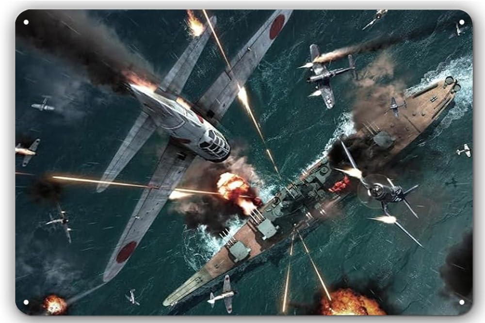 8x12 in WWII Fighter Aircraft and Warship Tin Sign Military Aviation Art Collection Wall Decor