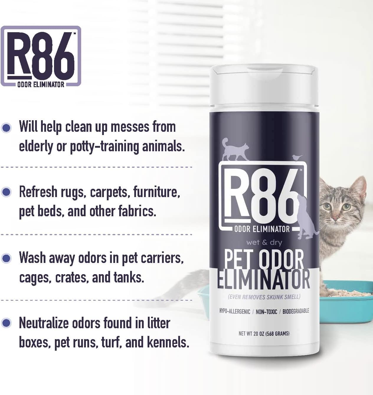 R86 Eliminador de olores de mascotas, elimina el olor de las cajas de arena, alfombras y superficies duras, incluso elimina el olor de mofeta de gatos y perros, fórmula a base de plantas, uso húmedo o
