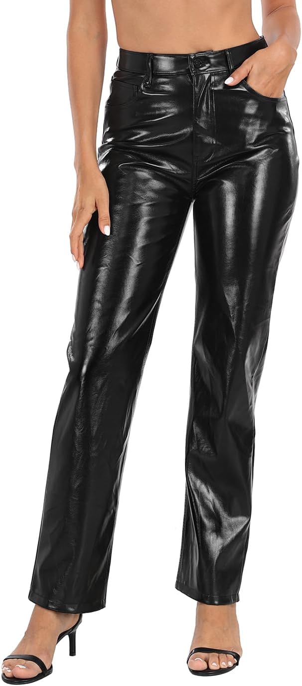HDE Women's Shiny Metallic Faux Leather Pants High Waisted Straight Leg Trousers