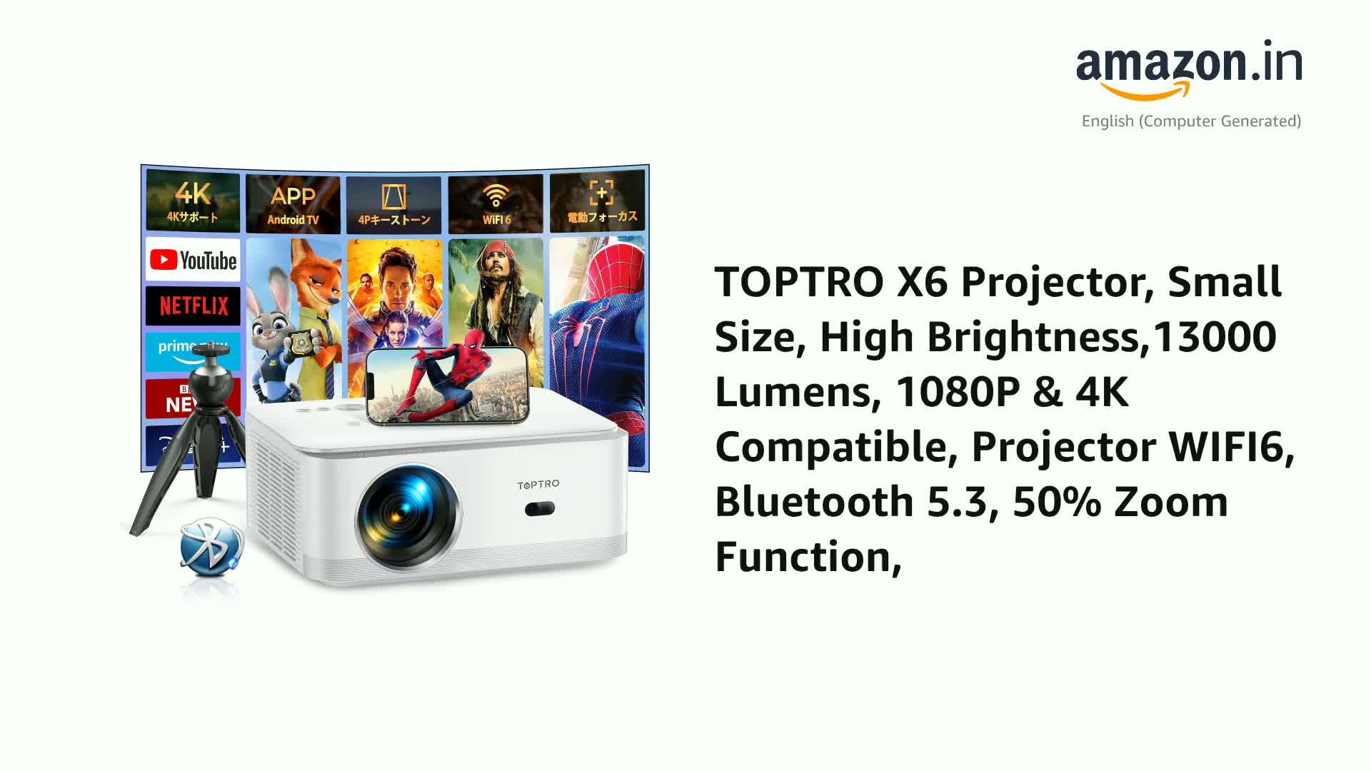Watch TOPTRO X6 Projector, Small Size, High Brightness,13000