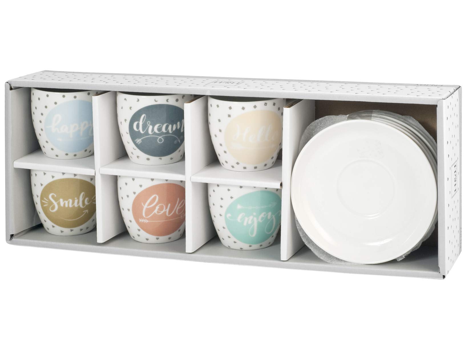 H&H Enjoy Set 6 Tazzine Caffè con Piattino, Porcellana, Multicolore, 100 ml