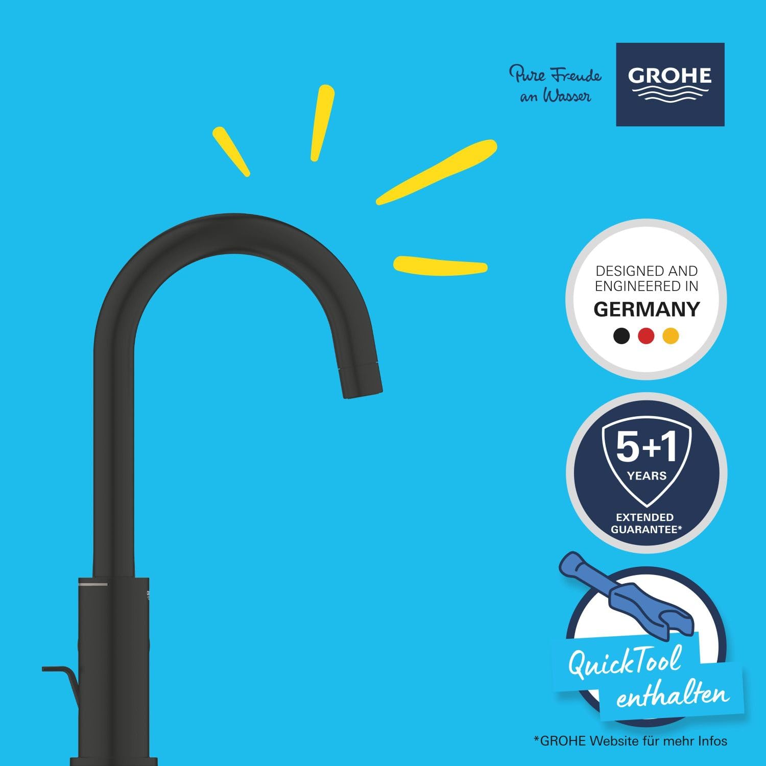 GROHE Start, Waschtischarmatur hoch, wassersparend (Wasserhahn für das Bad, schwenkbar, Zugstangen-Ablauf, 31cm hoch, mit 3in1 Werkzeug, einfache Installation am Waschbecken), schwarz, 242032432