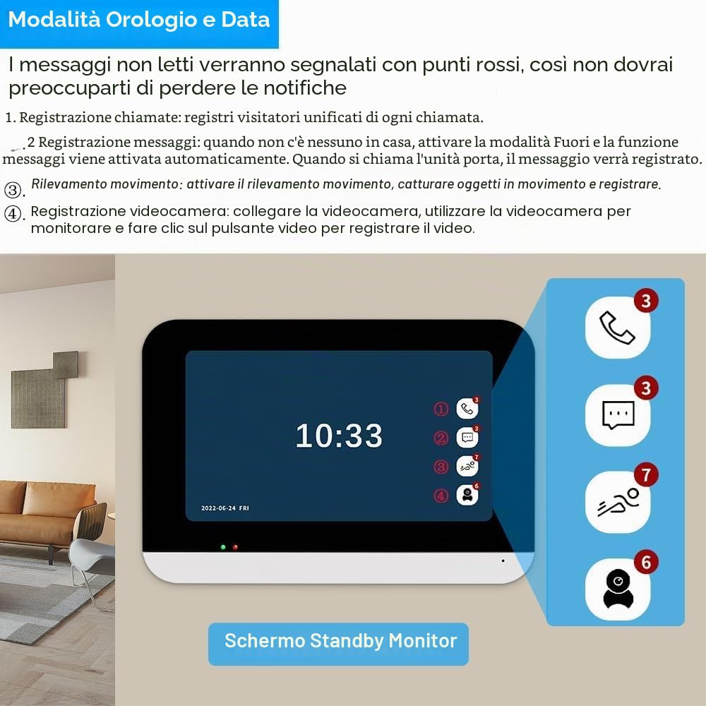 WiFi Tuya Videocitofono per Casa Intelligente Videocitofono per Porta Touch Screen 1080P HD 7 Pollici Colore con Telecamera Campanello cablata 120¡ã