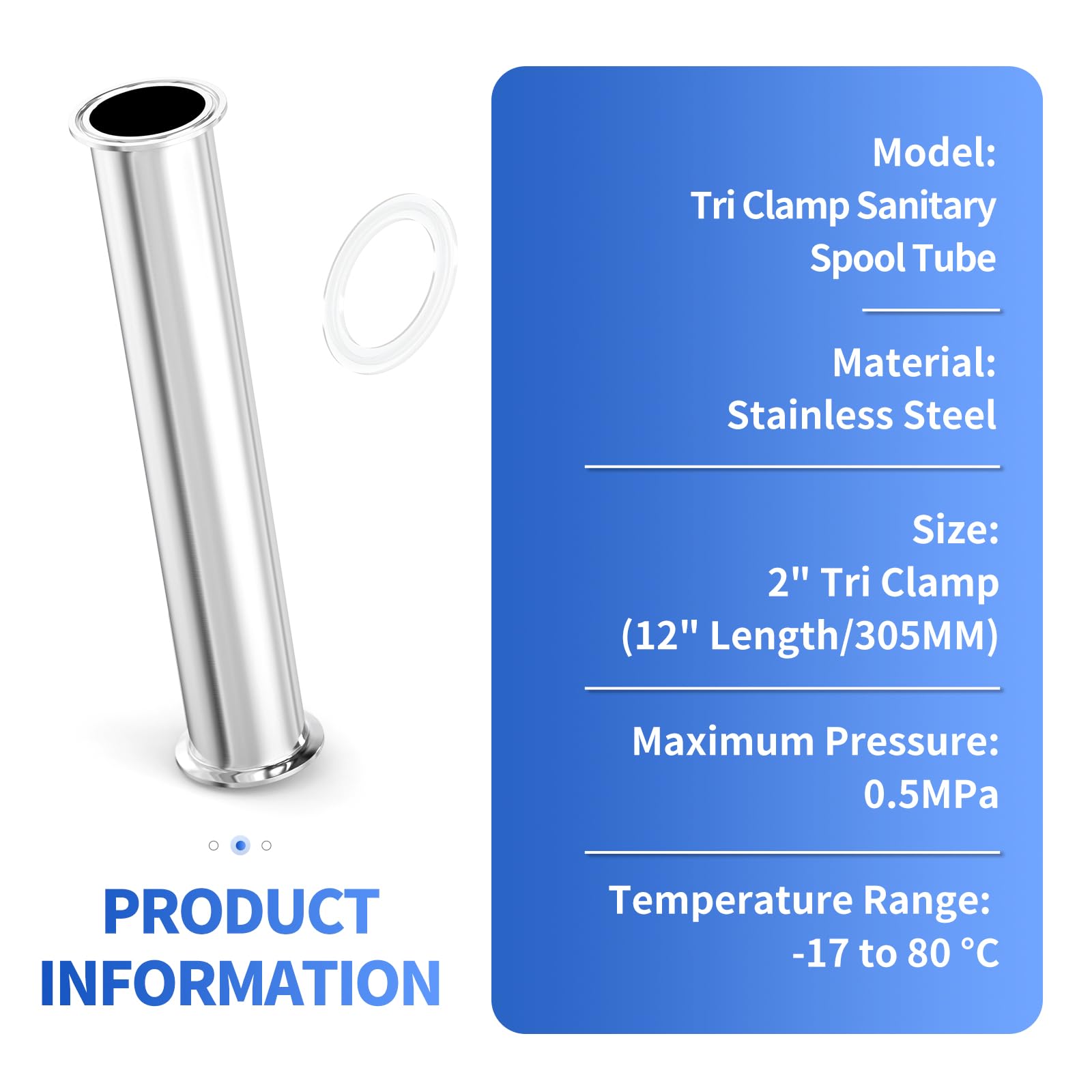 1 Stück 2" Tri Clamp 64MM OD Ferrule Flansch Sanitär Spool Tube 304 Edelstahl Nahtlose Rundrohre mit Unterlegscheiben (Rohrlänge: 12"/305MM)