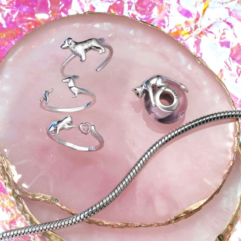 GNOCE Cute Cat Lying on Pink Glass Charm for Her, S925 Sterling Silver Bead Charm for Women Wife, Valentine‘s Day, Mother’s Day
