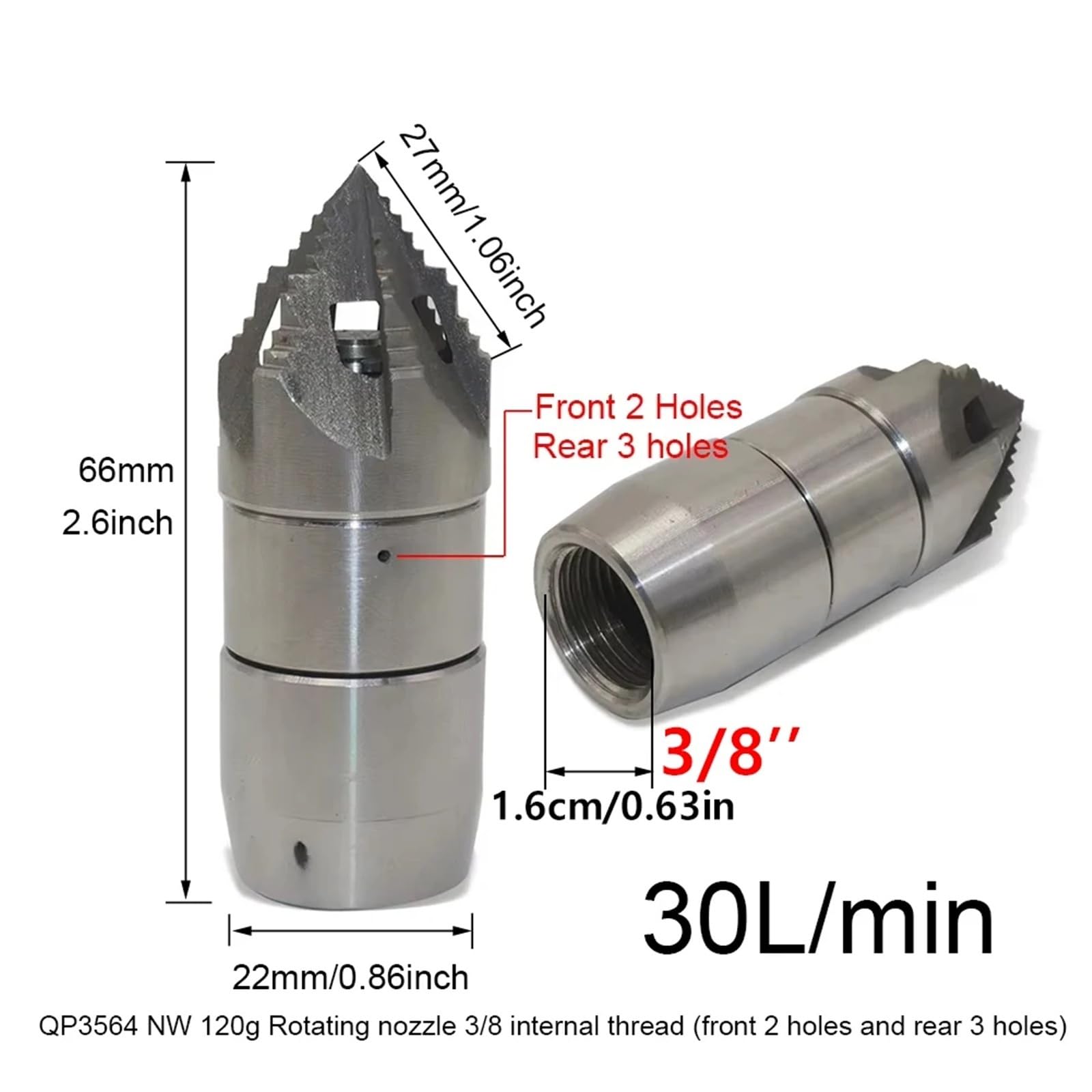 Compatibile con apparecchiature ad alta pressione – Mini ugello rotante con filettatura interna da 3/8'', 16 mm, 2 fori anteriori + 3 fori posteriori, 30 l/min