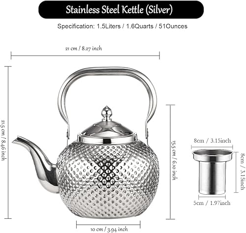 Miniatura 7 de Tetera de silbato para estufa clásica vintage tetera de acero inoxidable de grado alimenticio para estufa con parte inferior plana de calor rápido,