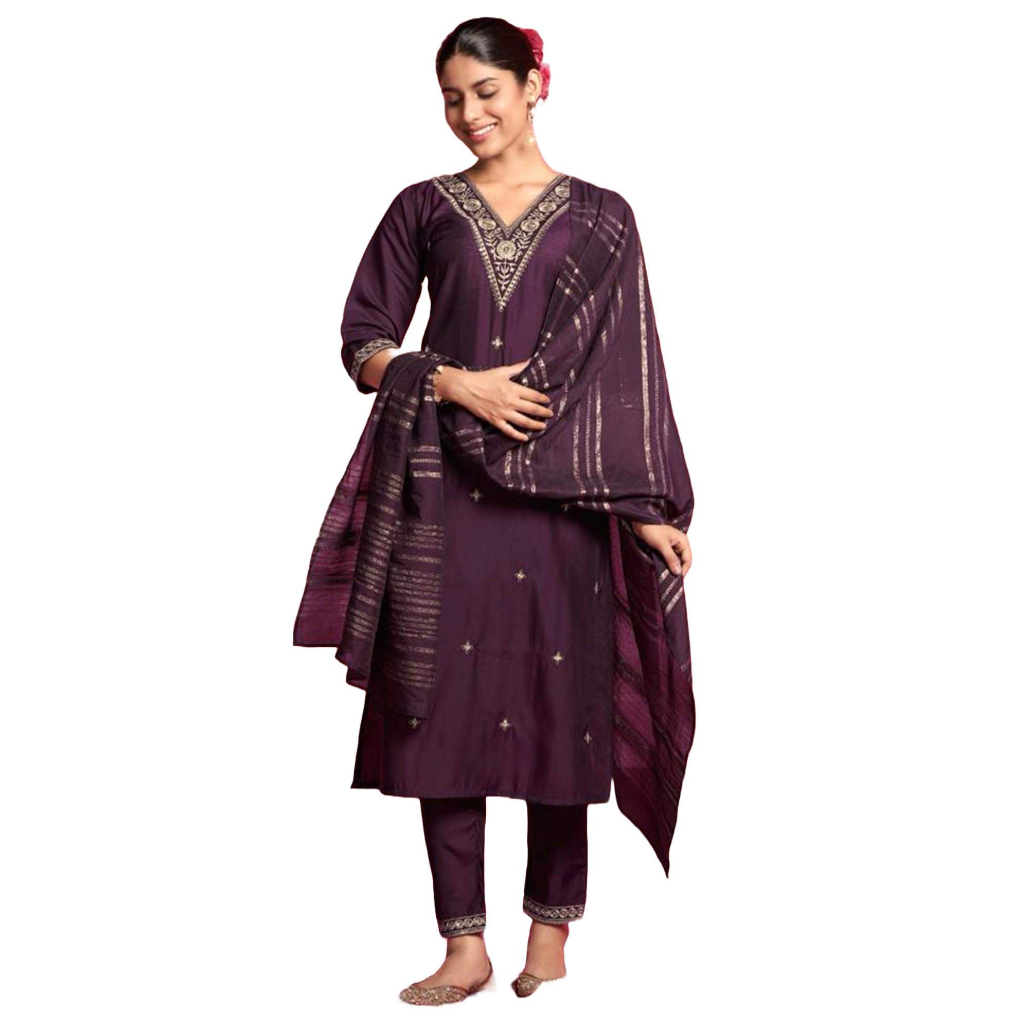 Lookmark Women's Pure Cotton Straight Kurta Pant Dupatta Set With Elegant Embroidery - Perfect For Every Occasion (Az-Lm-Og-Ks2107-L) Purple