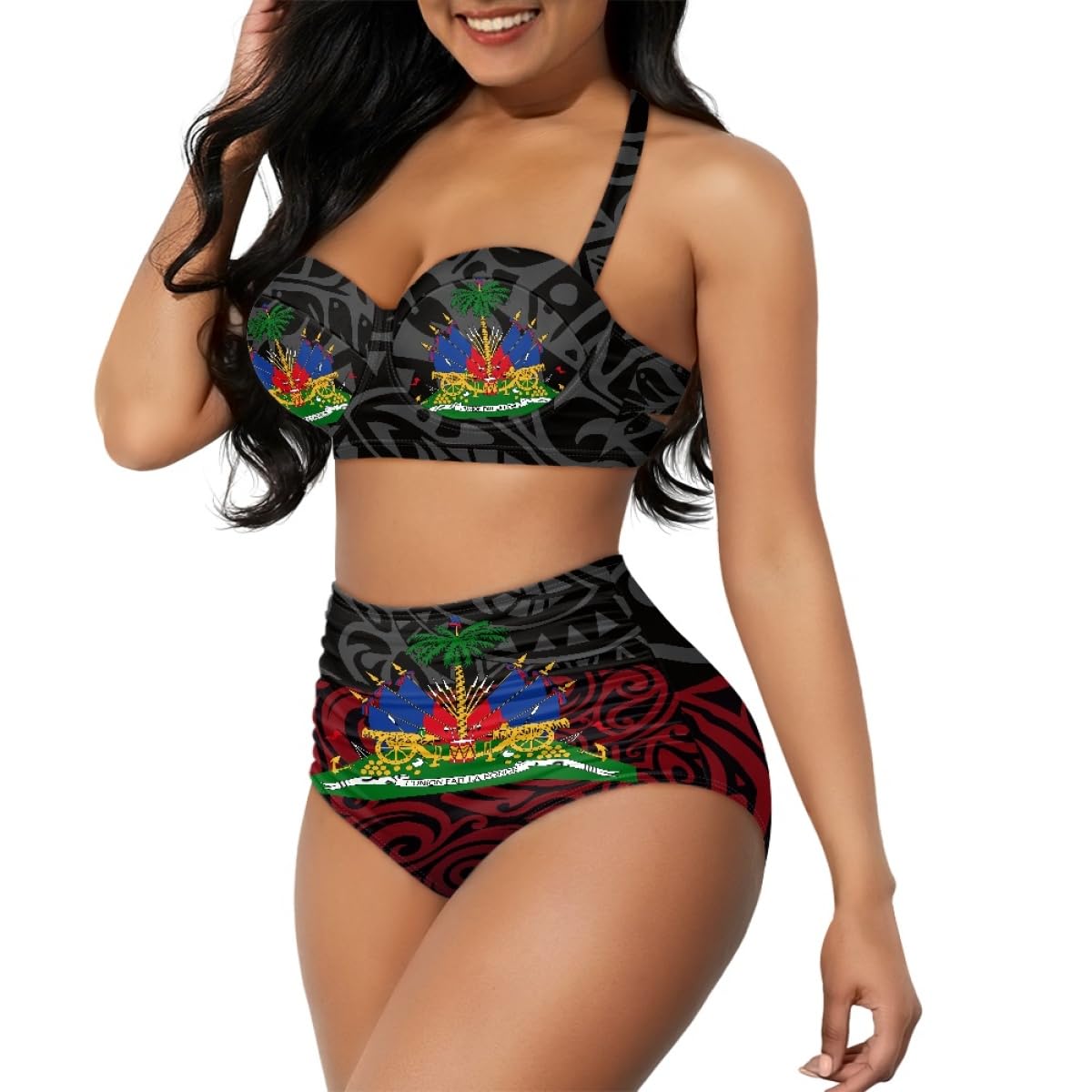 GLUDEAR Women Haitian Flag Print High Waisted Bikini Set Two Piece Tummy Control Vintage Swimsuit Halter Bathing Suit