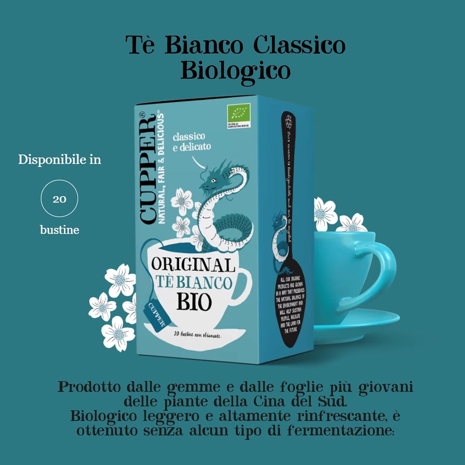 Cupper - 20 Bolsitas de Té Blanco Ecológico - Sin Azúcar Añadido - Apto para Veganos - Propiedades Antioxidantes - Sabor Suave con Toques Cítricos - Sin Leche, Huevo ni Lactosa