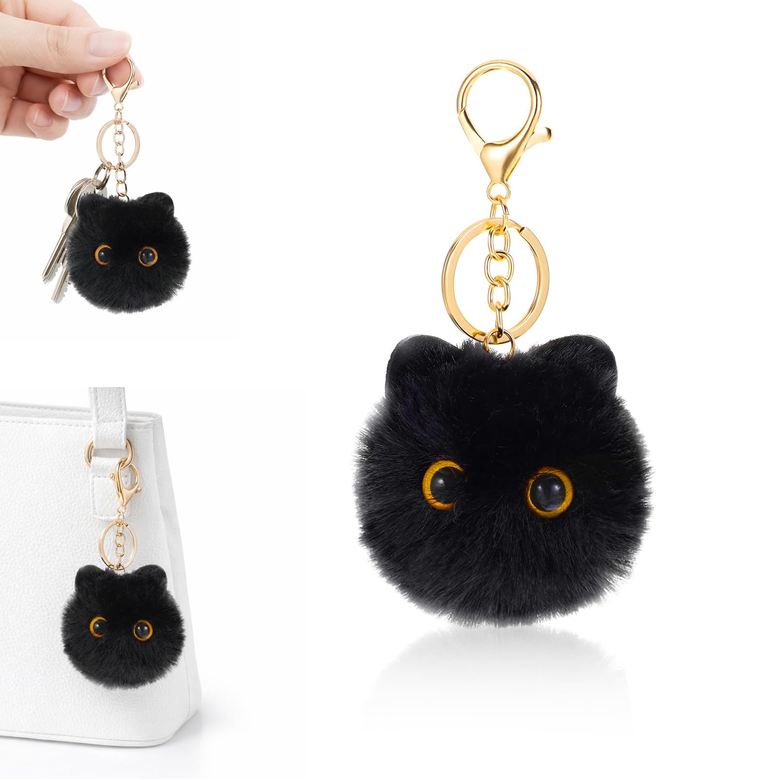 Chaveiro fofo de pompom de gato fofo de pelúcia para bolsa bolsa carro mochila acessórios para uso diário - Preto