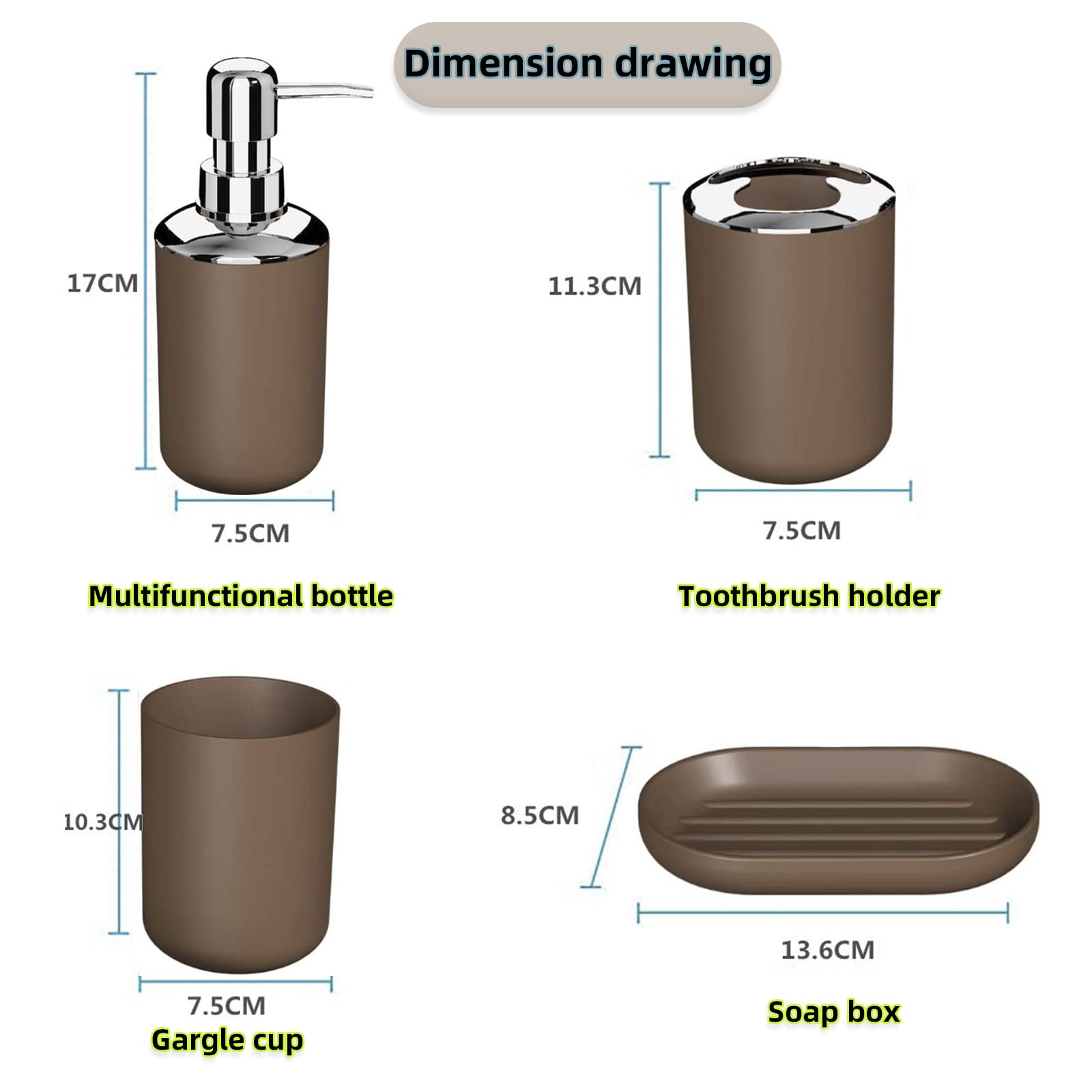 Hosoncovy 4 Pieces Bathroom Accessory Set including Soap Dispenser, Bathroom Cup, Soap Dish ,Toothbrush and Toothpaste Holder (Brown) - Image 2