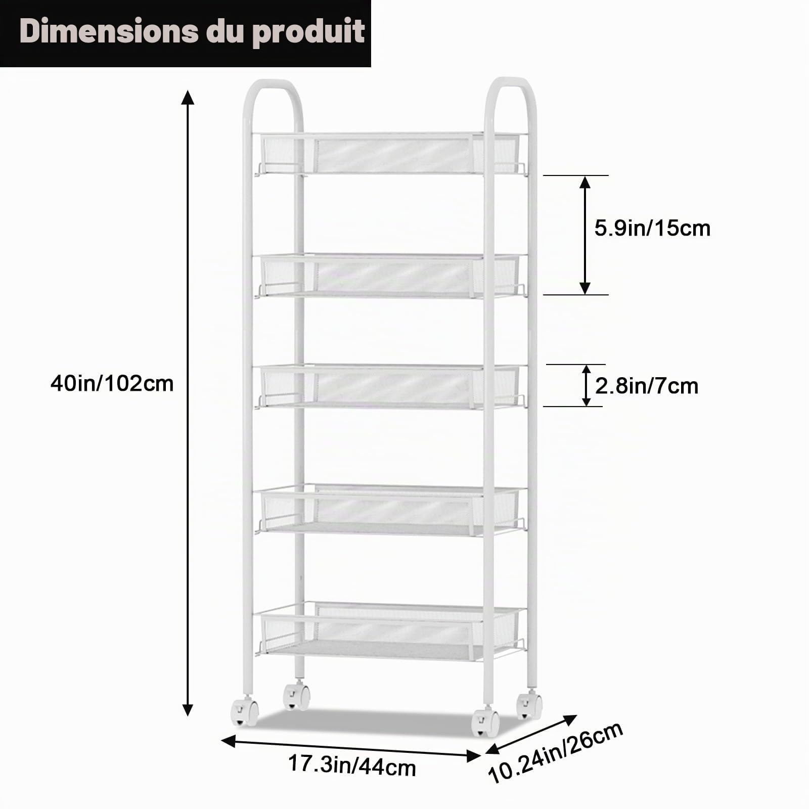 Desserte Roulante 5 Niveaux, 44 x 26 x 102 cm, étagère à Légumes, Chariot de Rangement étroit en Métal sur roulettes avec 4 Crochets, Chariot pour Fruits et Boissons, Panier en Maille Blanc