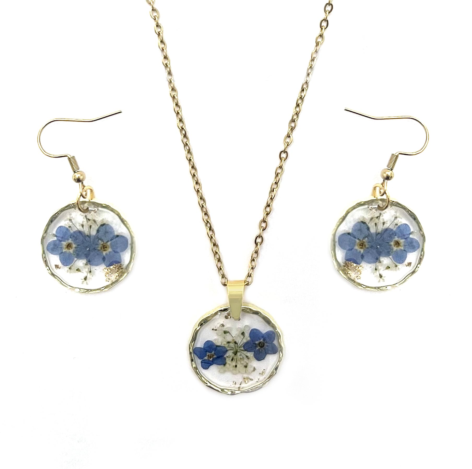 MEiySH Vibrant and Unique Floral Resin Necklace Earrings Set, Women Handmade Gold Pressed Flower Necklace Earrings for Parties or Gifting