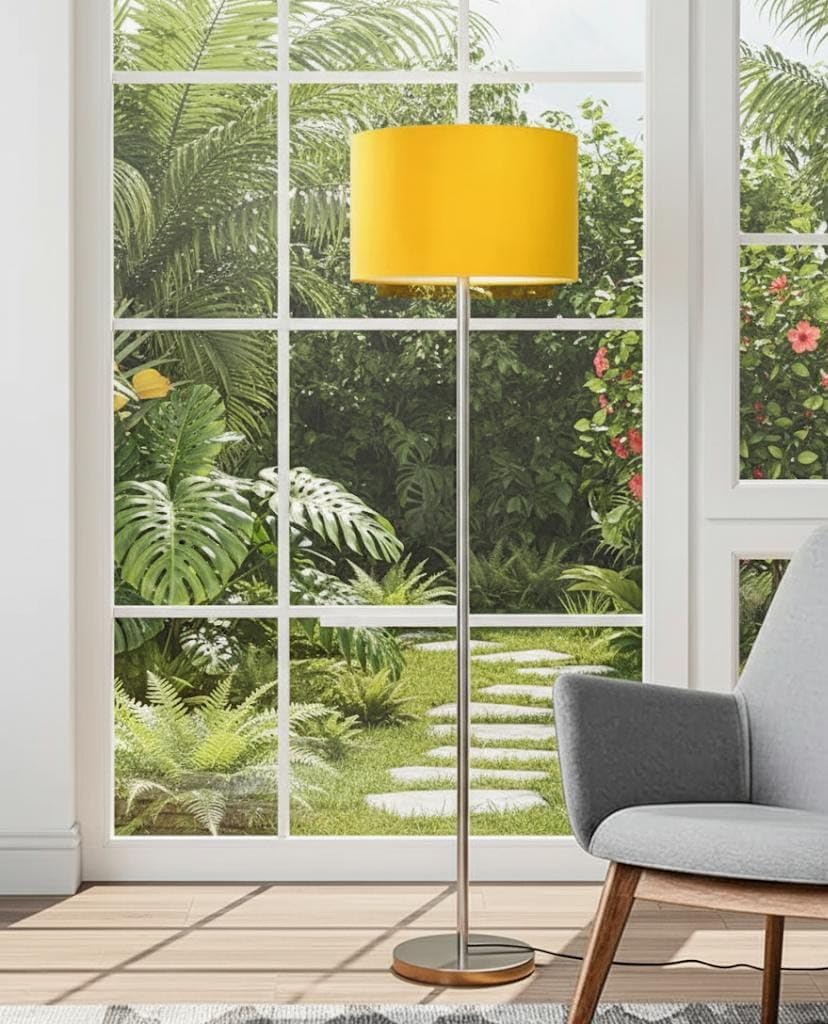 R K Antique Hub Modern Floor Lamp with Yellow Drum Shade, 62 Inches Tall, Chrome Base, 30 cm Diameter-image-14