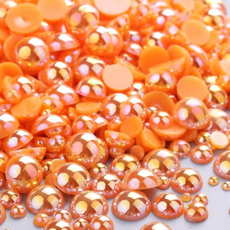 1000PCS Mixed Sizes 3/4/5/6/8/10mm Flatback Half Round Pearls Gems for Crafting, AB Color Pearl Beads Stones for Crafts Jewelry Clothes Shoes Dress Nail Art Making Embellishments (Orange AB)