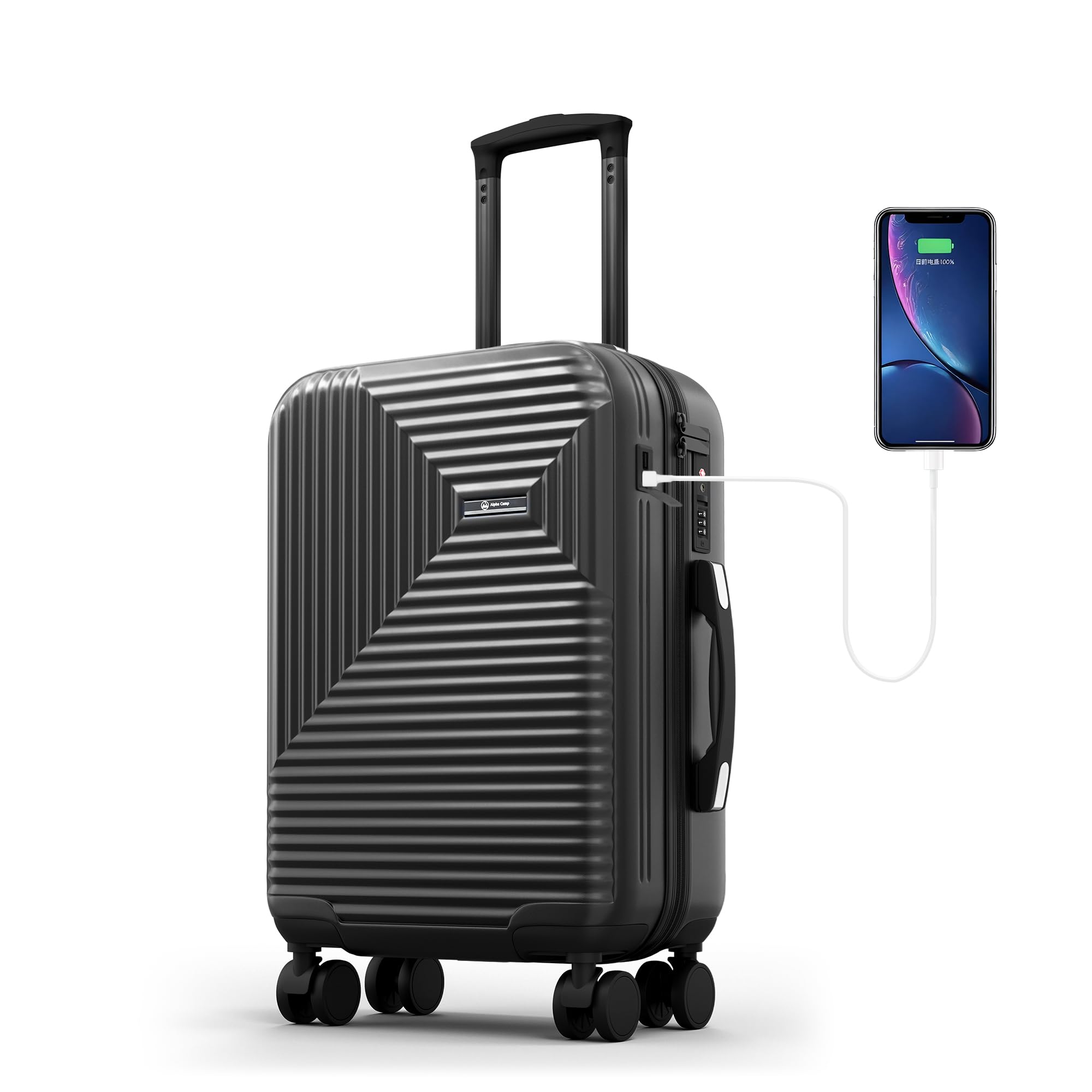 ALPHA CAMP Handgepäck Koffer M Polycarbonat Hartschalenkoffer Reisekoffer | mit usb-anschluss typ c reißverschluss mit rollen tsa schloss hartschale mittelgroß carry on suitcase cabin luggage schwarz