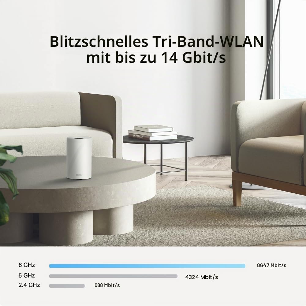 TP-Link Deco BE68 Wi-Fi 7 Mesh WLAN Set(3er Pack) BE14000 Tri-Band, 8 Streams, MLO, 1×10G Ports + 1×2,5G Port + 1×Gigabit Port, USB 3.0, empfohlen für Häuser mit 4-6 Schlafzimmern