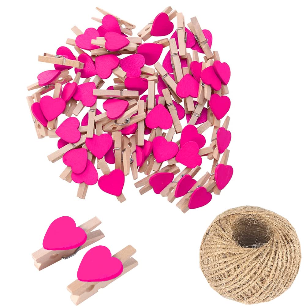 100Pcs Rose Red Mini Wooden Heart Clothespins, Multicolor Small Clothespins with Heart, 3cm Heart Photo Clips, Tiny Clothes Pins with String for Photos Display,DIY Craft,Wedding&Baby Shower Decor