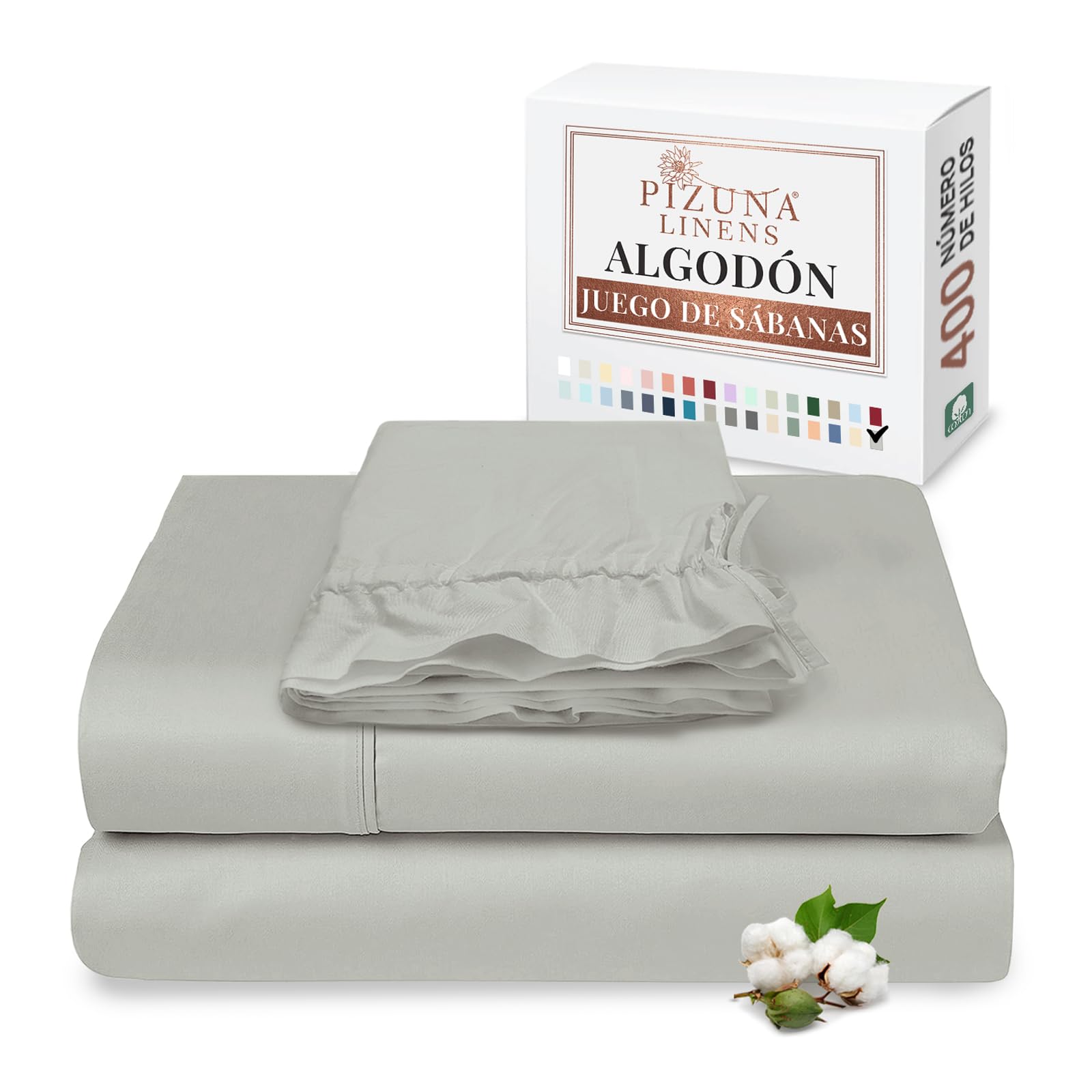 Pizuna Juego de sabanas 90x200 Algodon Gris, Lujoso satén 100% algodón de Fibra Larga de 400 Hilos Juego de sabanas 90 cm con 1 Sabana encimera, 1 Sabana Bajera, 1 Funda Almohada cilindrica