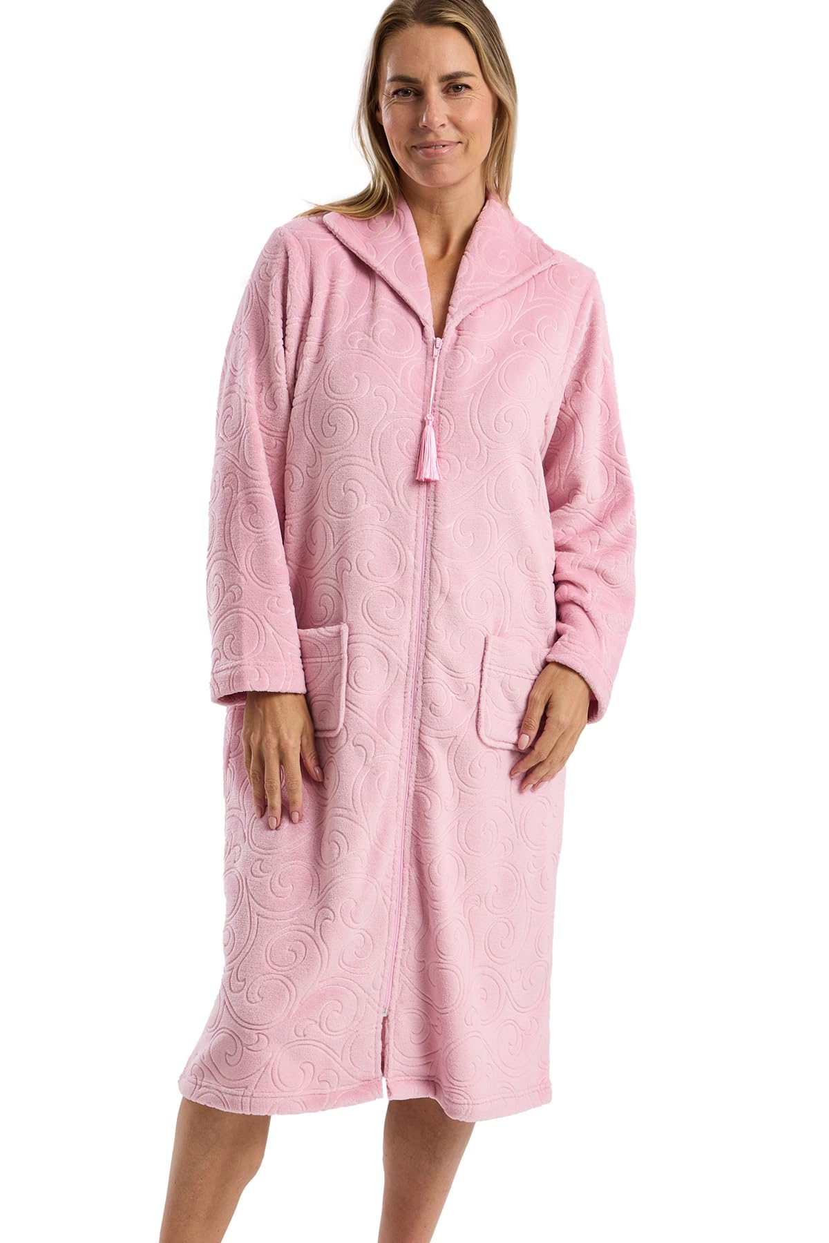 Marlon Womens Serena Zip Front Embossed Fleece Housecoat Zip Up Bath Robe, Rose Swirl, L