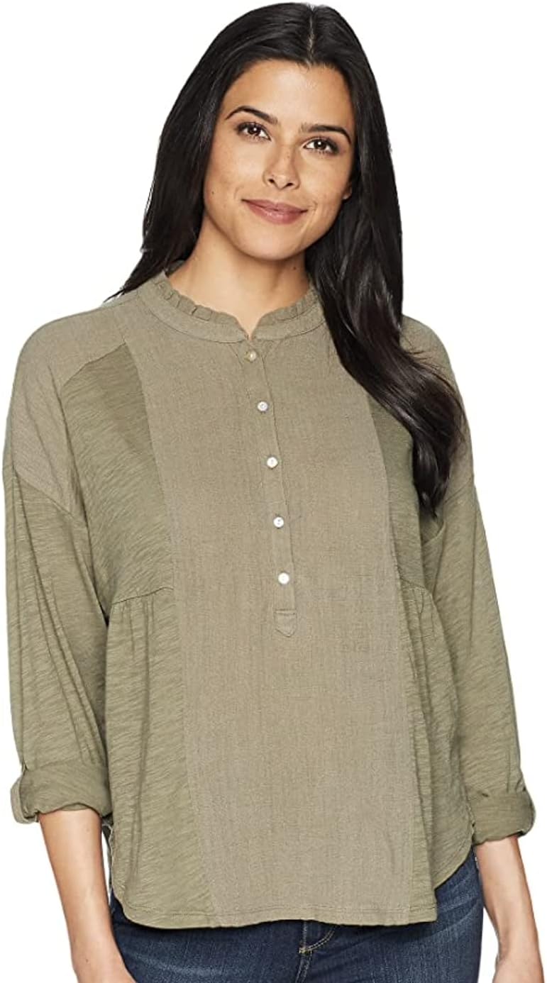Lucky Brand Woven Gauze Mix Henley Top Dusty Olive MD (US 8-10) - Image 2