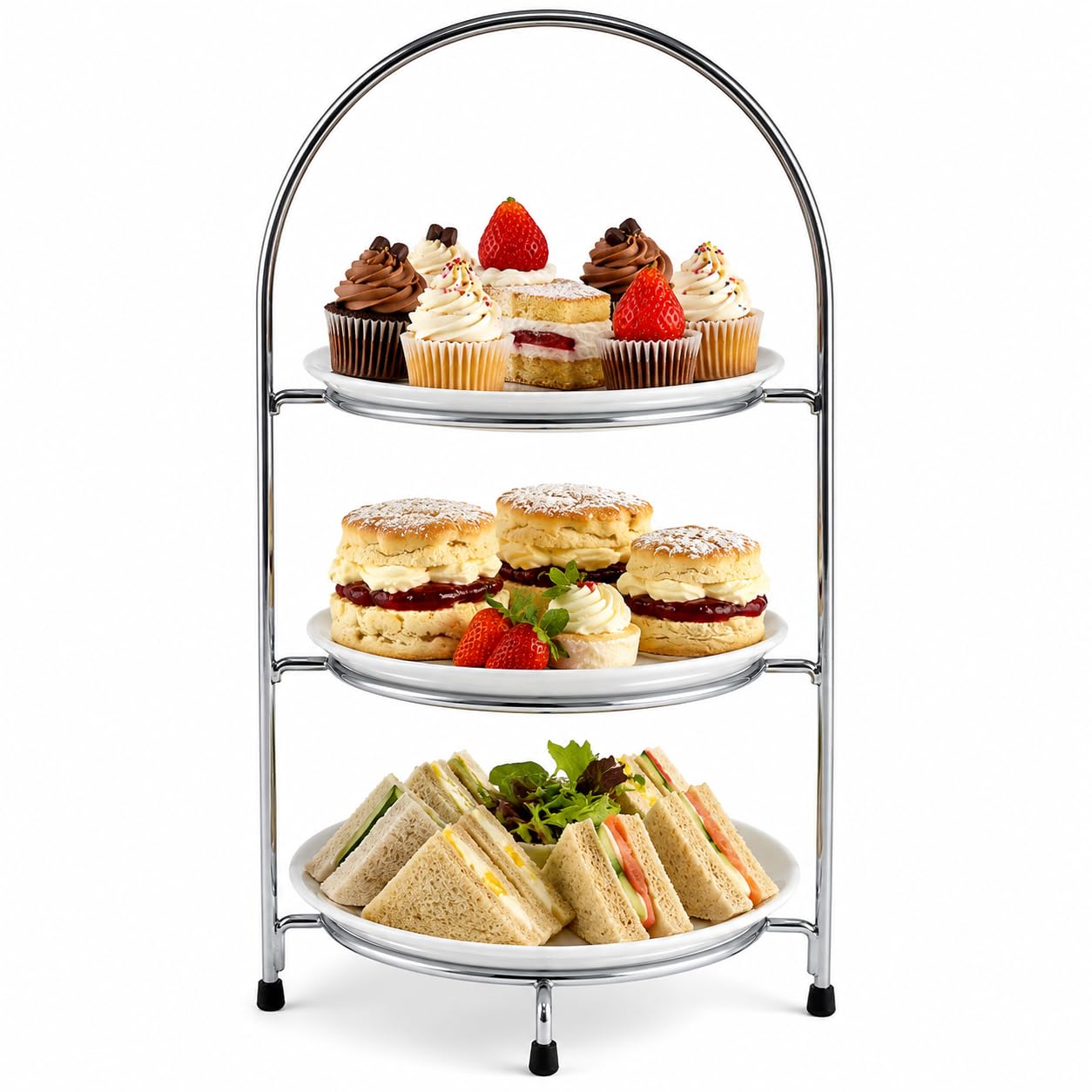 Soporte de té para platos de 3 niveles de alambre cromado Soporte para tartas para el hogar, jardín, té, fiesta, comedor, HTUK®