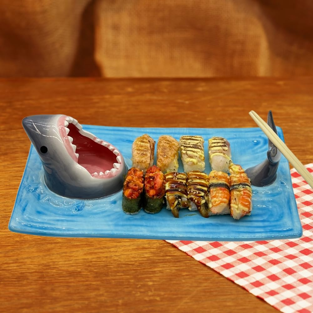 Shark Sushi-Teller und Sojasaucenschalen, handbemalt, Keramik, Serviertablett mit Essstäbchenablage (Blau, 33 x 20 cm)