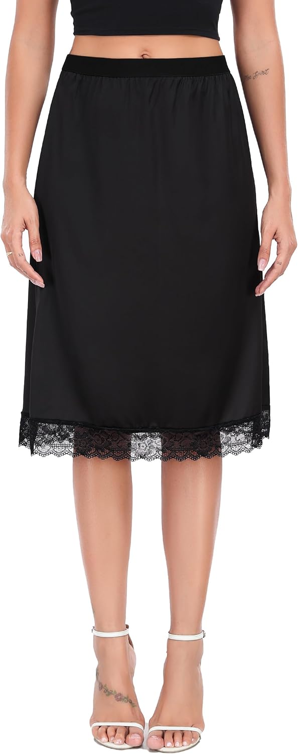 Lovasy Women Satin Half Slips Lace Long Underskirt Anti Static Under Skirt Soft Slip Dress for Skirts Dresses S-3XL