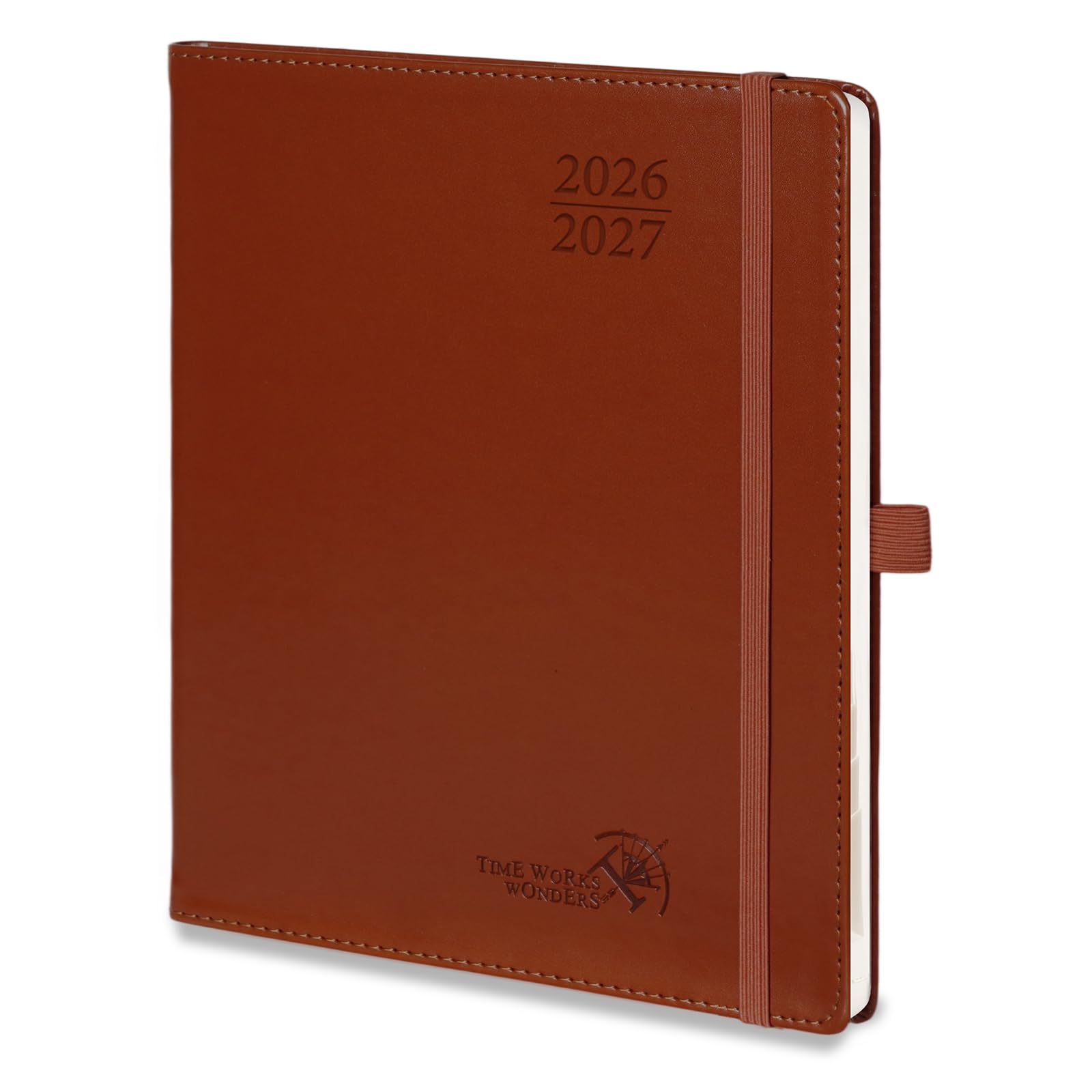 POPRUN Kalender 2026 2027 Wochenplaner Softcover A5+ auf Deutsch | 18 Monate Monatskalender,(Jul.2026-Dez.2027),mit PU-Leder,mit 30-Minuten-Taktung & Monatsregister(Braun)