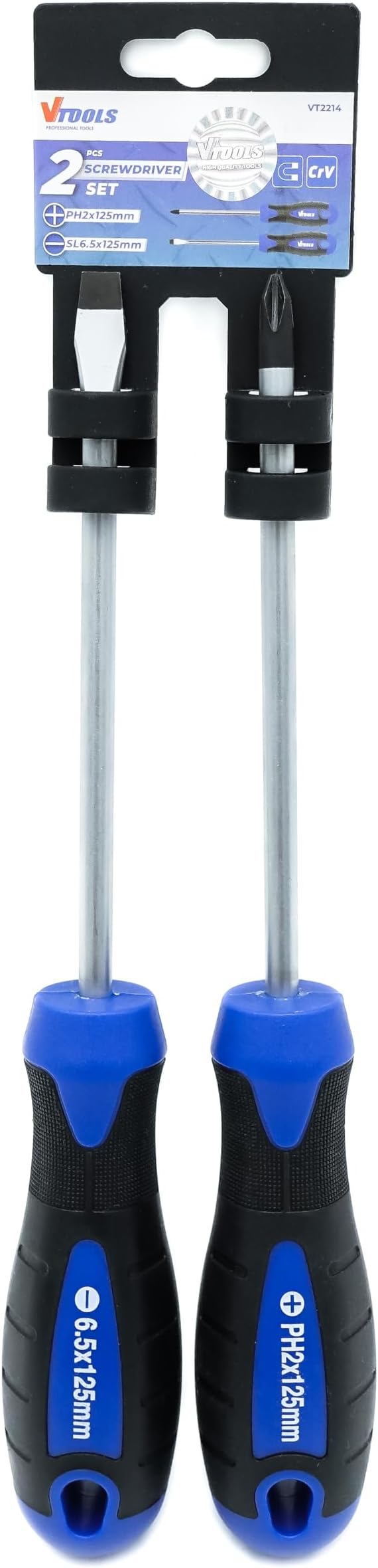 2Pcs Screwdriver Set, 125mm Phillips and Slotted, Magnetic Tip With Non-Slip Comfortable Handle, Shock Resisting CRV Steel Material, Perfect For Office, Home, & Professional Use, Blue, VT2214